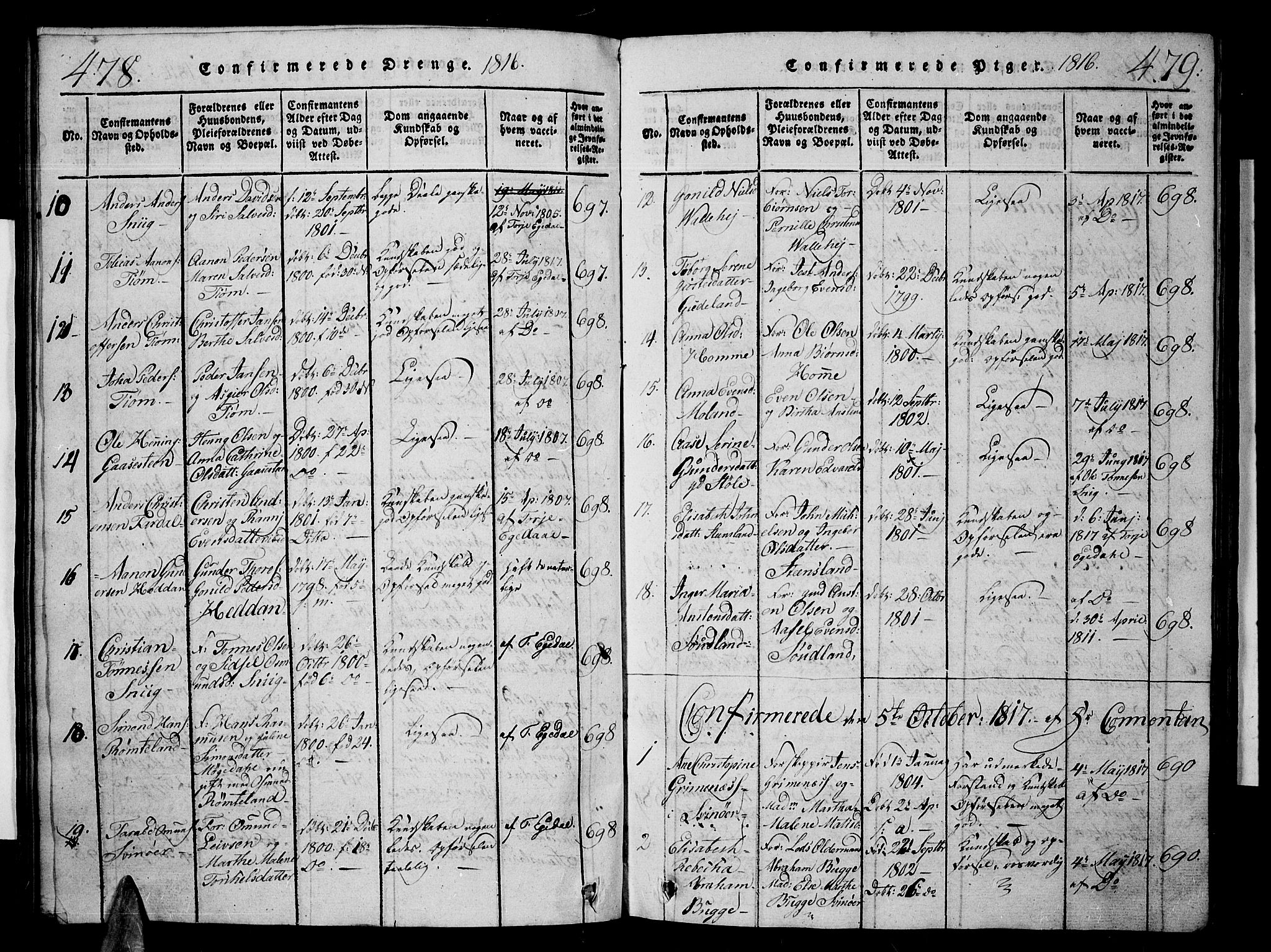 Sør-Audnedal sokneprestkontor, AV/SAK-1111-0039/F/Fb/Fbb/L0001: Parish register (copy) no. B 1, 1815-1827, p. 478-479