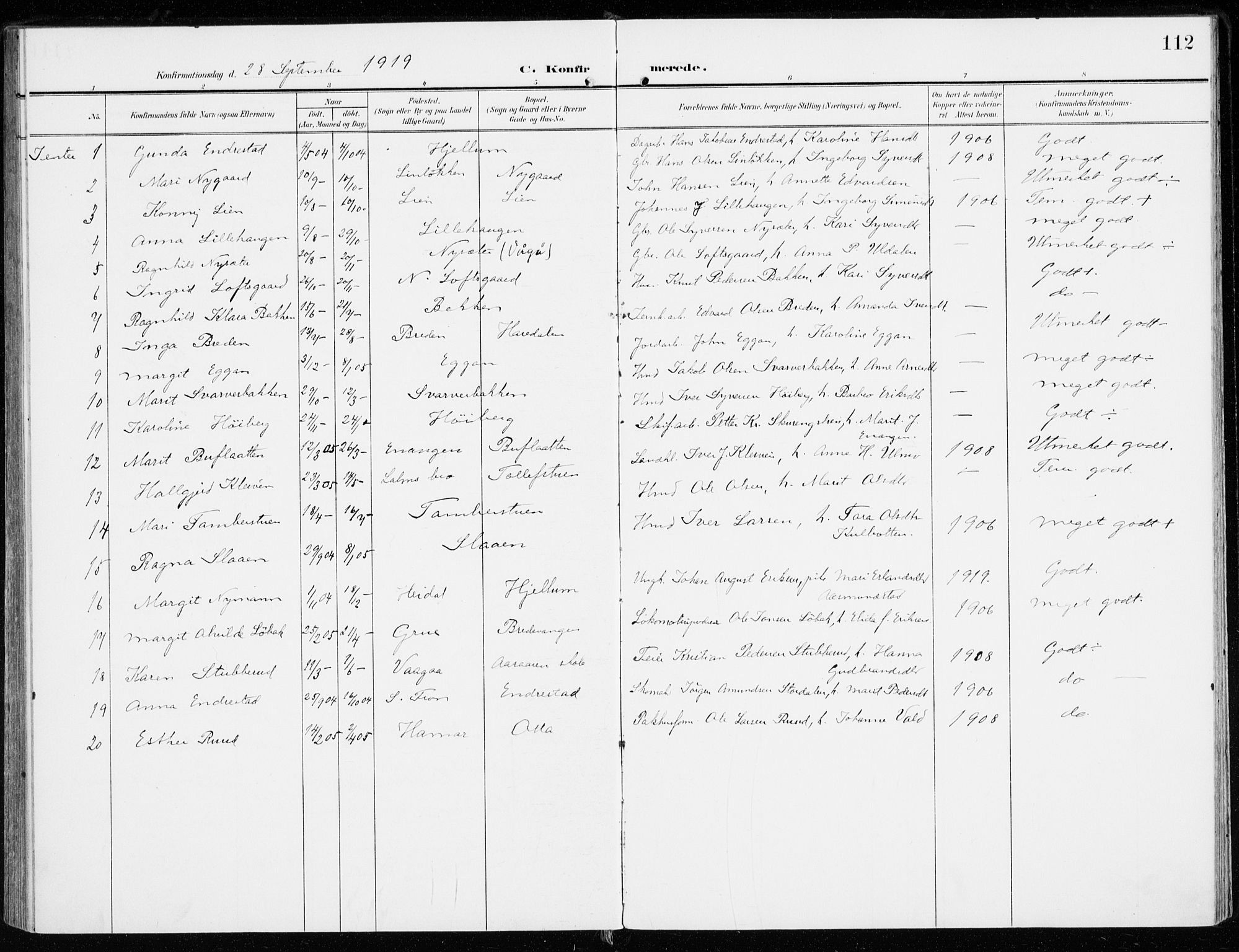 Sel prestekontor, AV/SAH-PREST-074/H/Ha/Haa/L0002: Parish register (official) no. 2, 1905-1919, p. 112