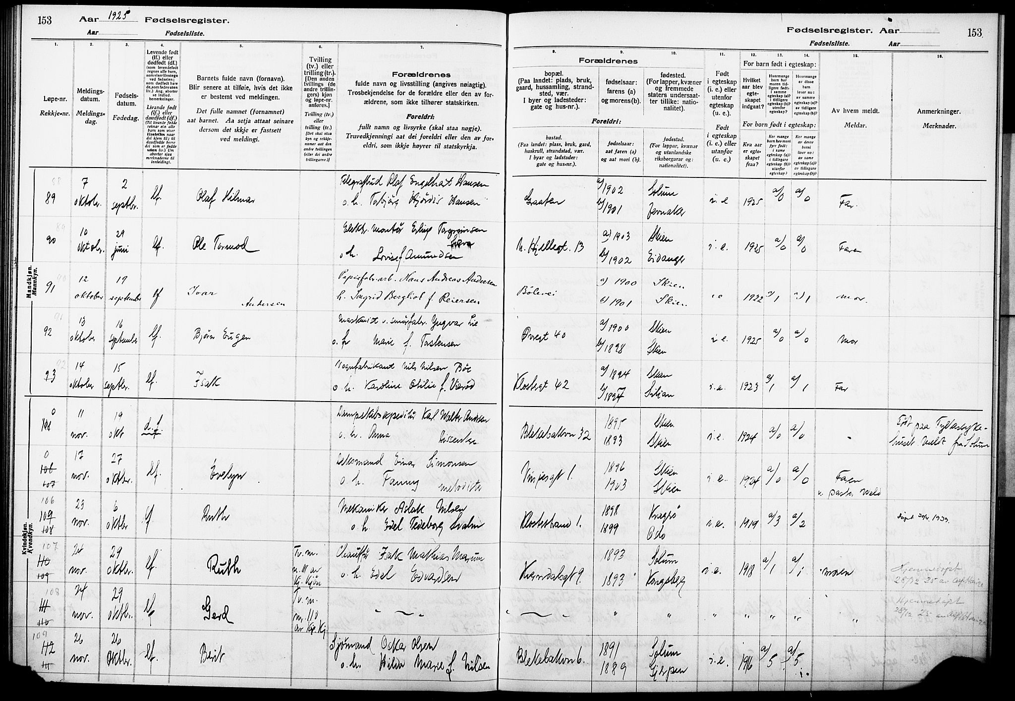 Skien kirkebøker, AV/SAKO-A-302/J/Ja/L0002: Birth register no. 2, 1921-1927, p. 153