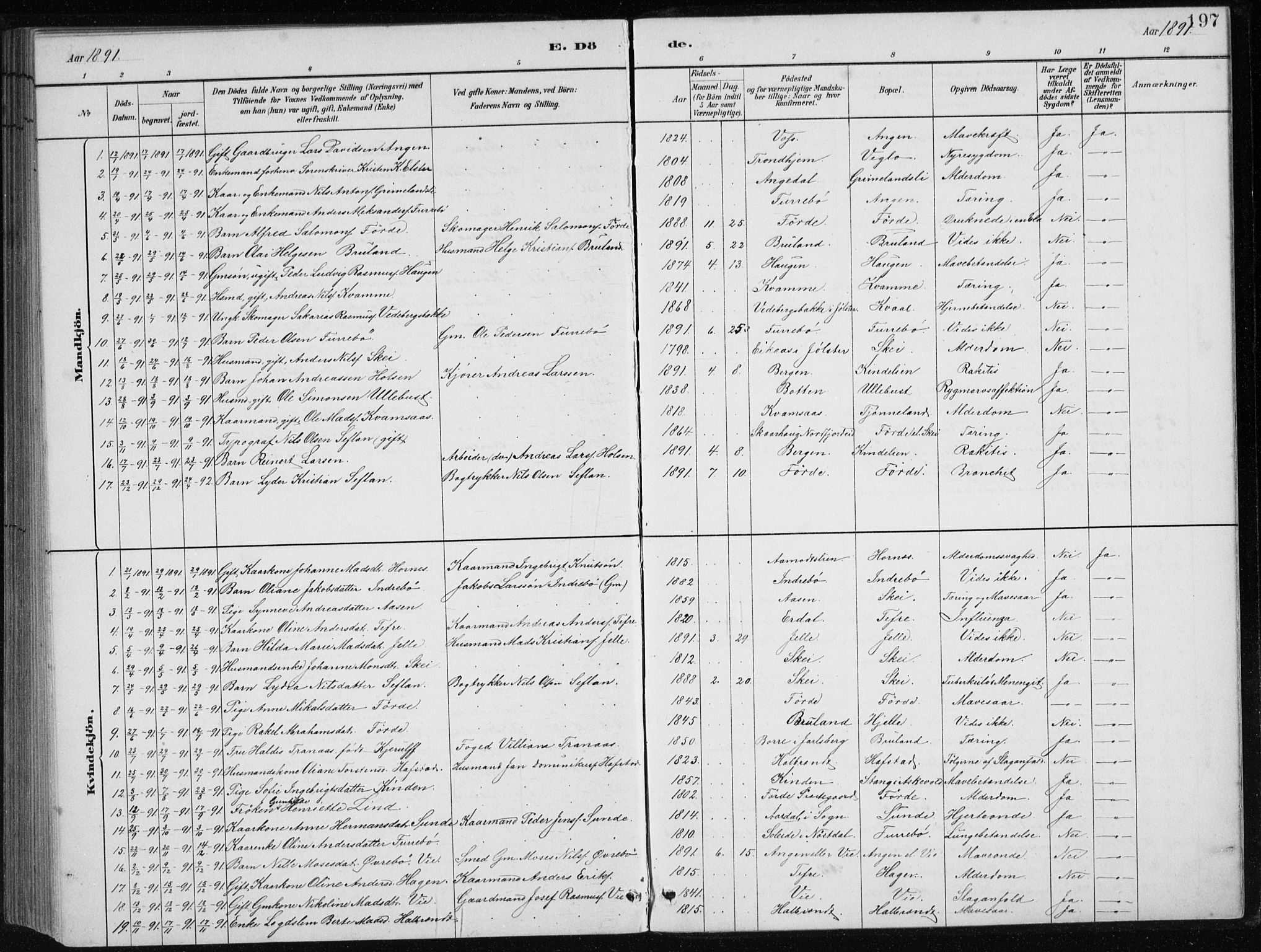 Førde sokneprestembete, SAB/A-79901/H/Hab/Haba/L0002: Parish register (copy) no. A 2, 1881-1898, p. 197