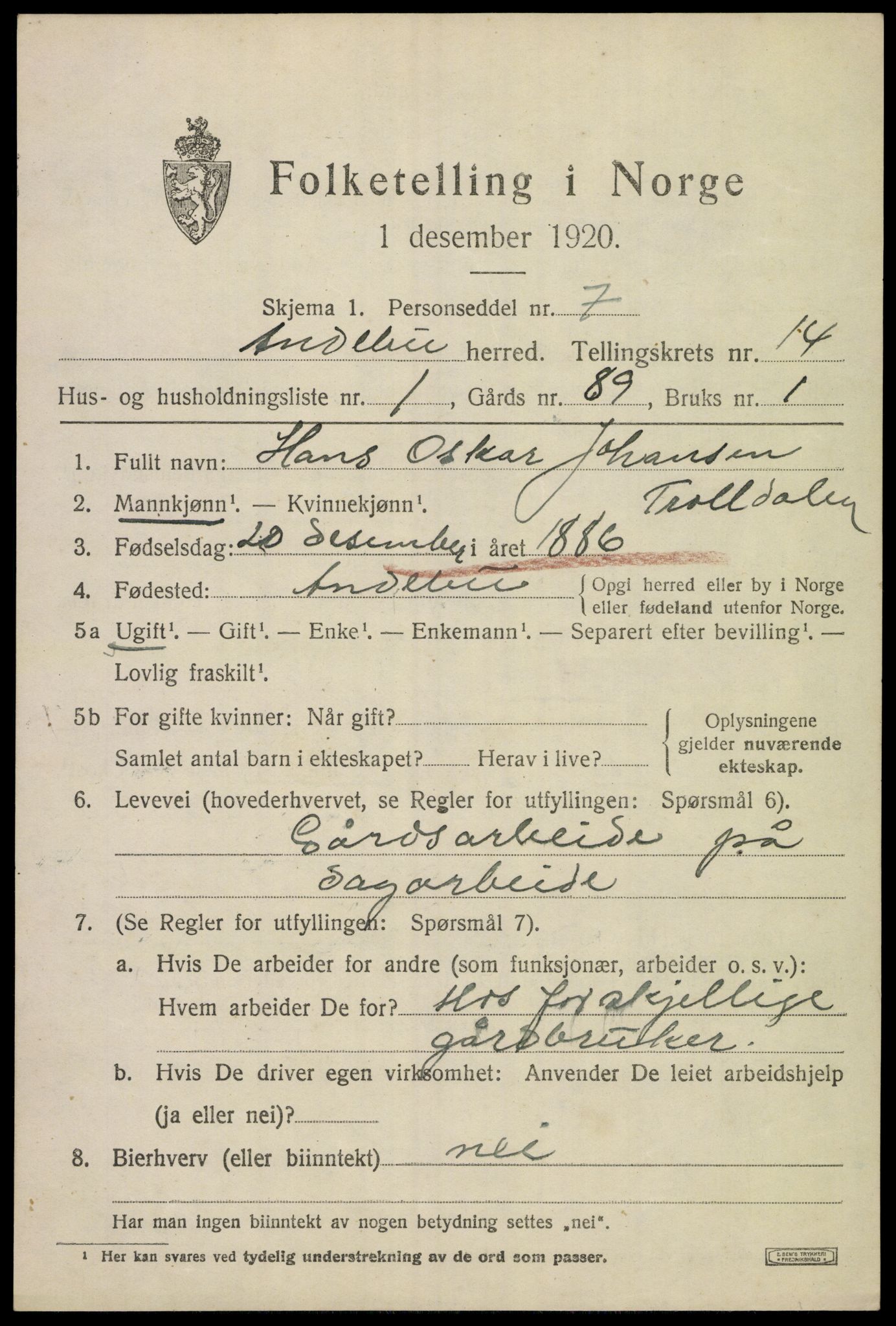 SAKO, 1920 census for Andebu, 1920, p. 5098