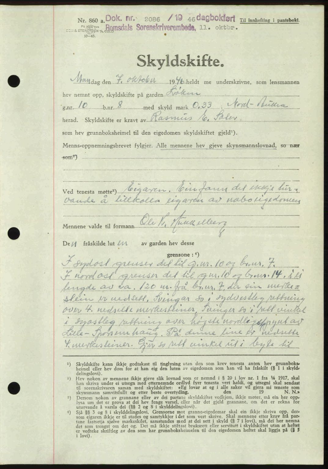 Romsdal sorenskriveri, AV/SAT-A-4149/1/2/2C: Mortgage book no. A21, 1946-1946, Diary no: : 2086/1946