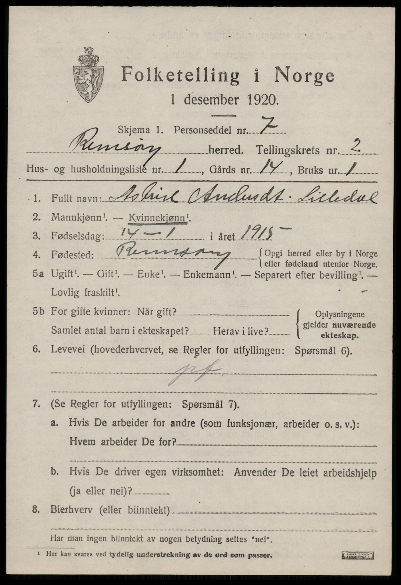 SAST, 1920 census for Rennesøy, 1920, p. 1030