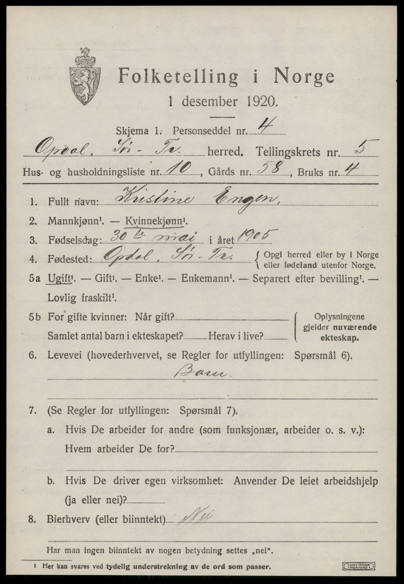 SAT, 1920 census for Oppdal, 1920, p. 5069