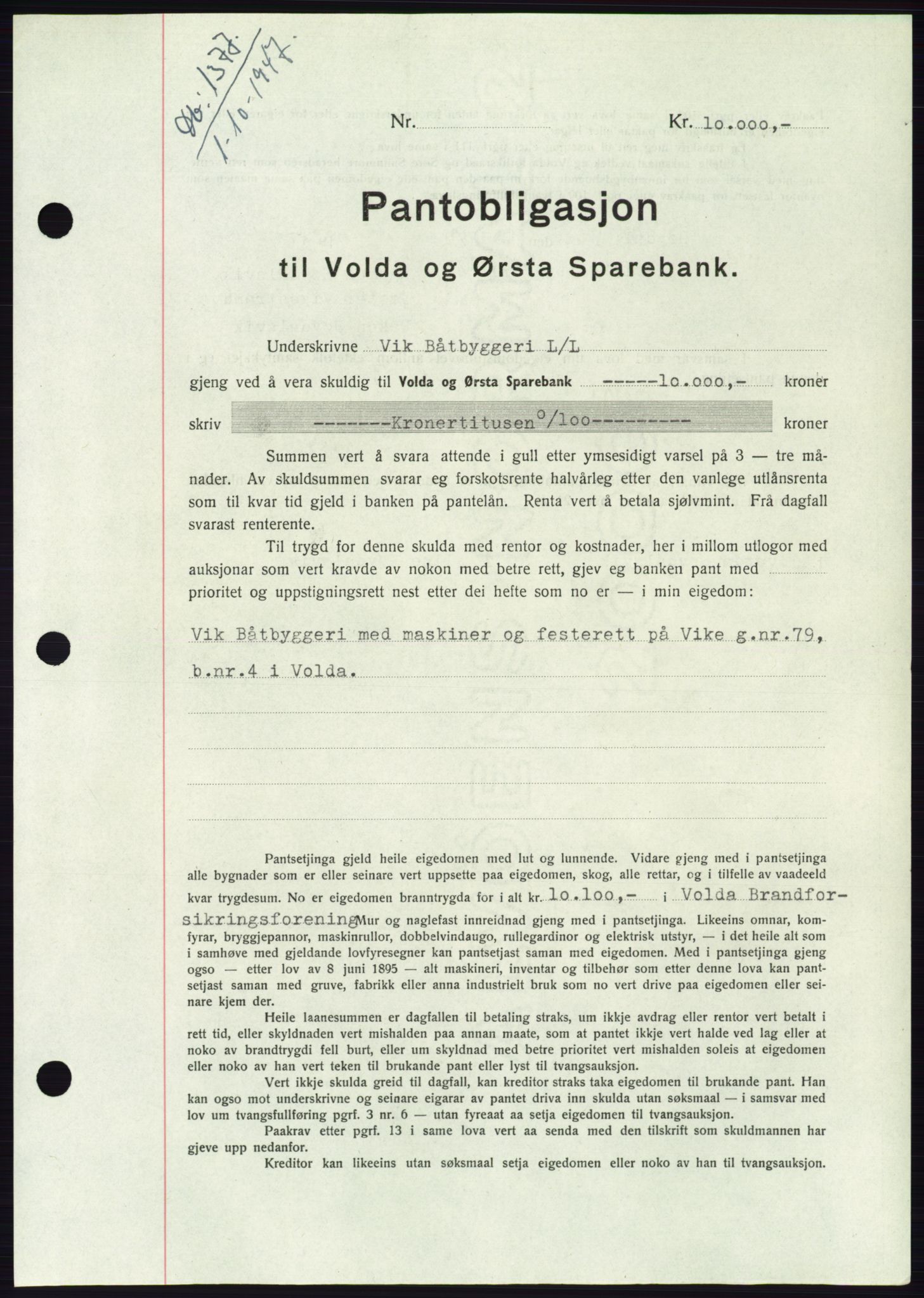 Søre Sunnmøre sorenskriveri, AV/SAT-A-4122/1/2/2C/L0115: Mortgage book no. 3B, 1947-1948, Diary no: : 1377/1947