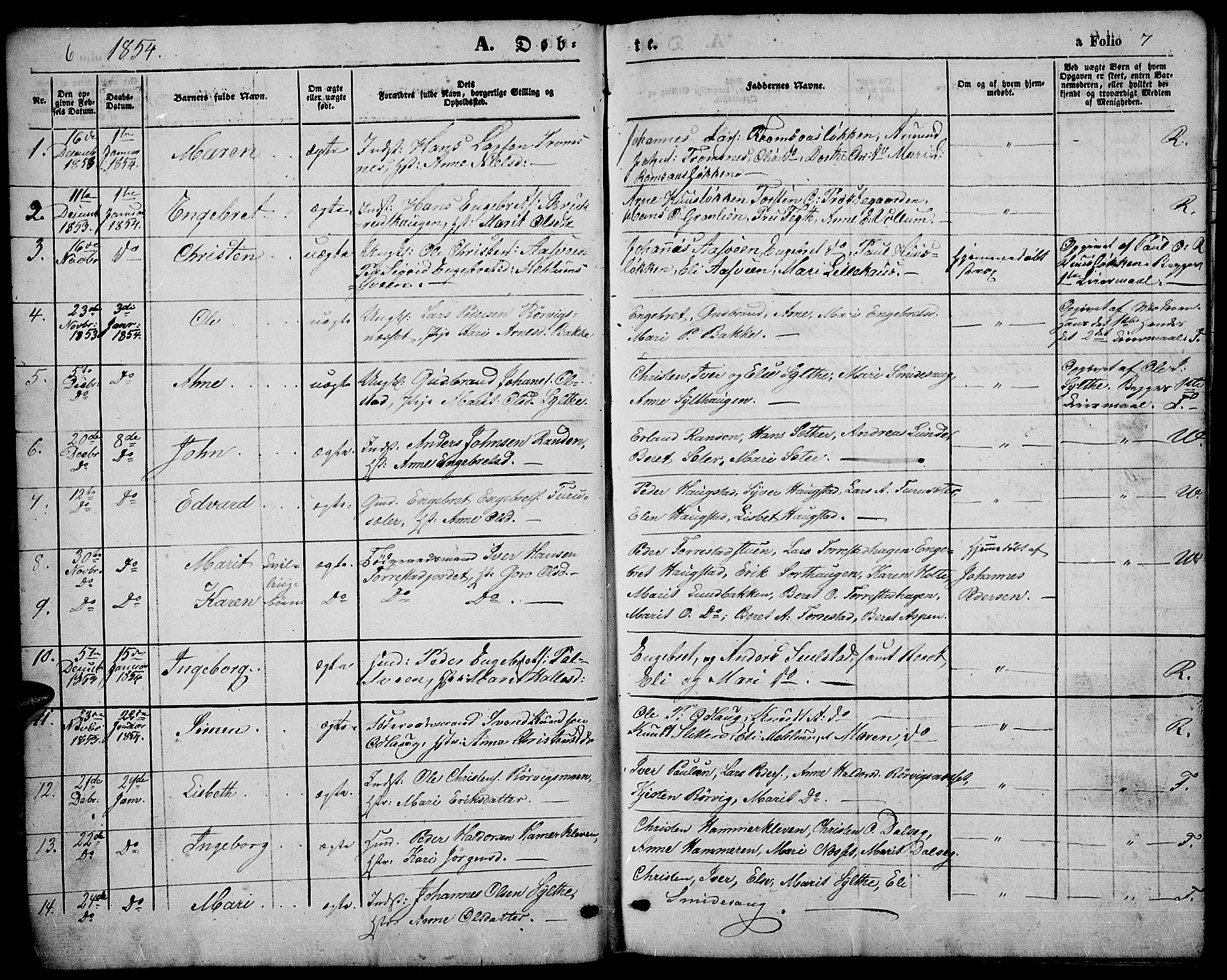Ringebu prestekontor, SAH/PREST-082/H/Ha/Hab/L0003: Parish register (copy) no. 3, 1854-1866, p. 6-7