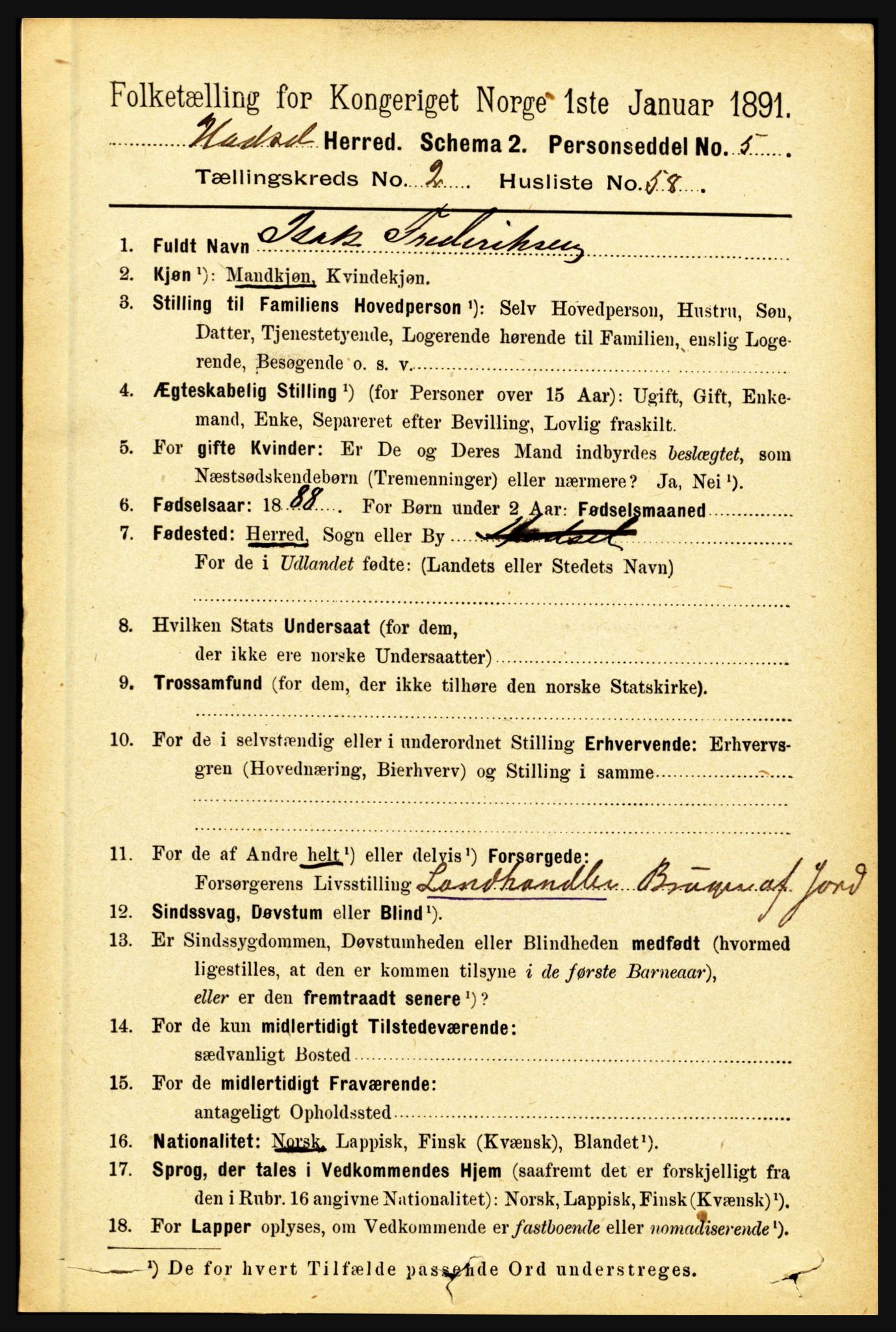 RA, 1891 census for 1866 Hadsel, 1891, p. 994