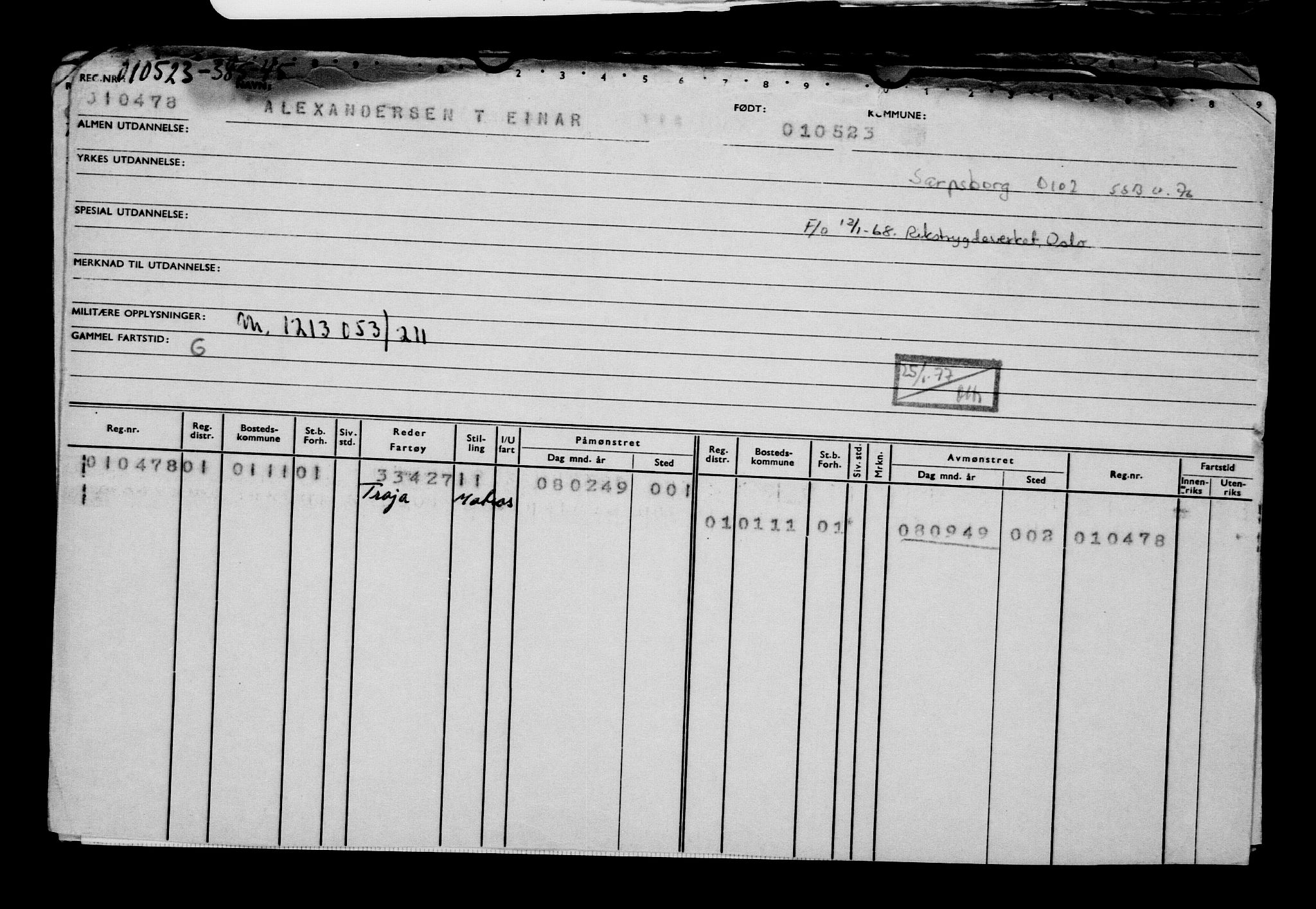 Direktoratet for sjømenn, RA/S-3545/G/Gb/L0218: Hovedkort, 1923, p. 456