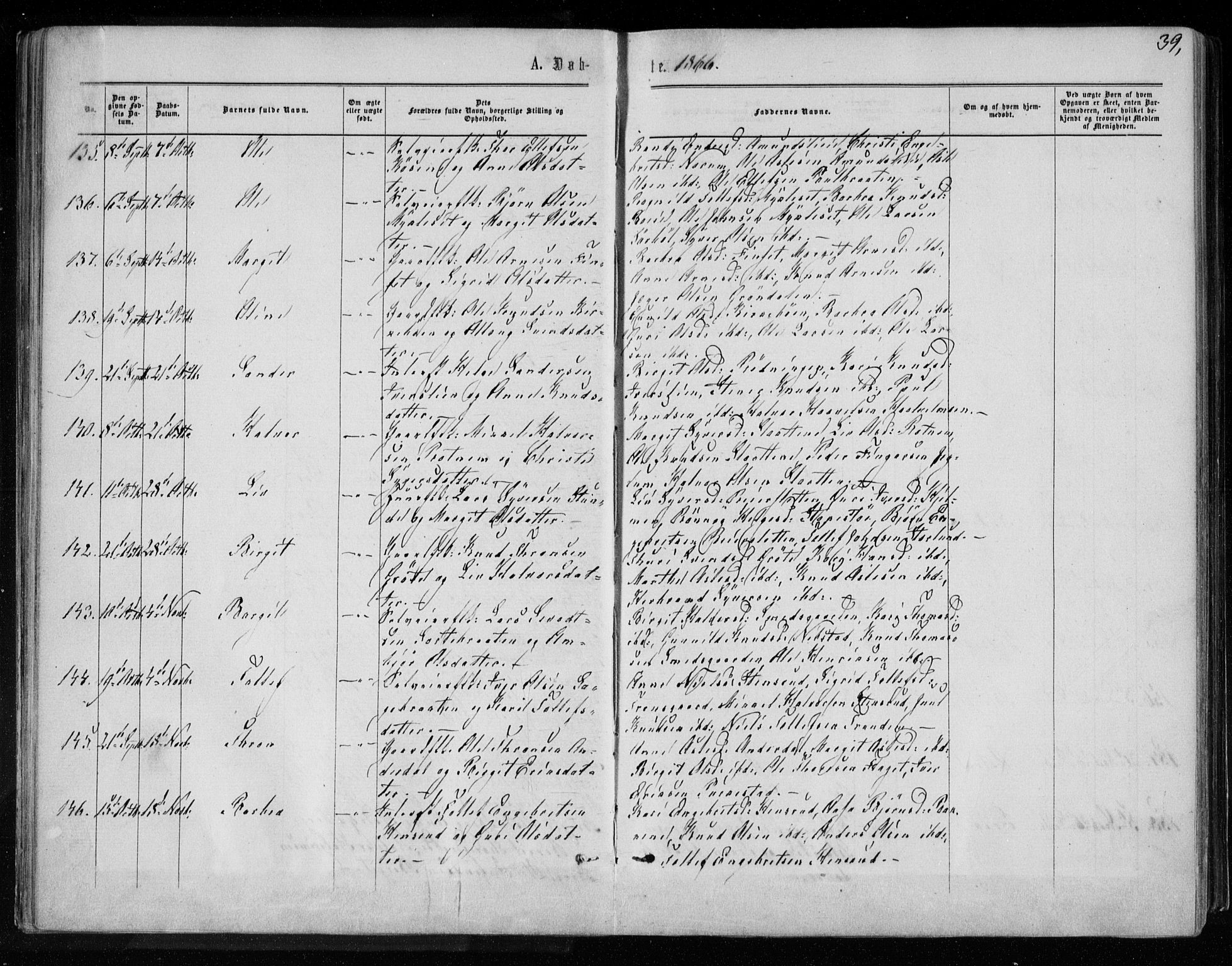 Gol kirkebøker, AV/SAKO-A-226/F/Fa/L0003: Parish register (official) no. I 3, 1863-1875, p. 39