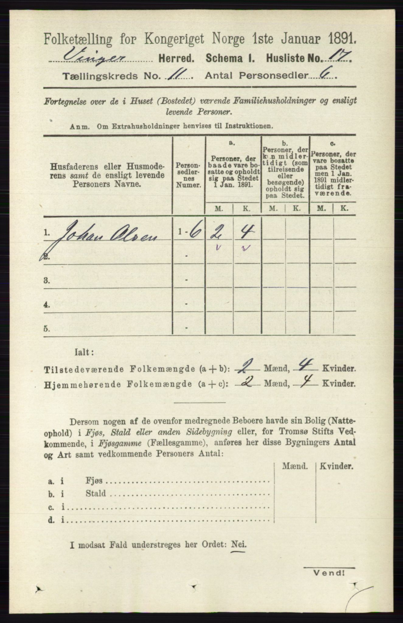 RA, 1891 census for 0421 Vinger, 1891, p. 5298