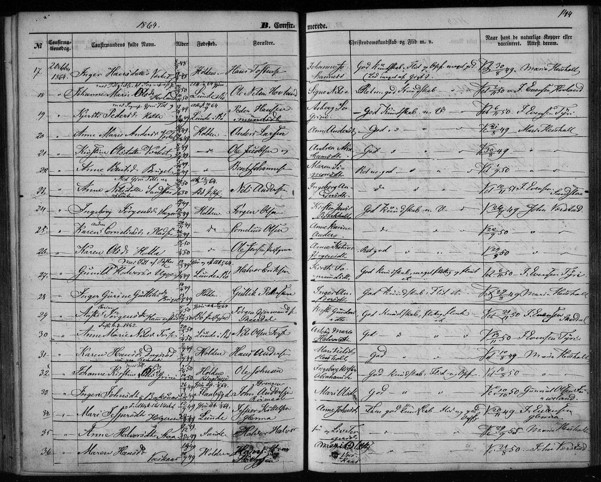 Holla kirkebøker, AV/SAKO-A-272/F/Fa/L0006: Parish register (official) no. 6, 1861-1869, p. 144