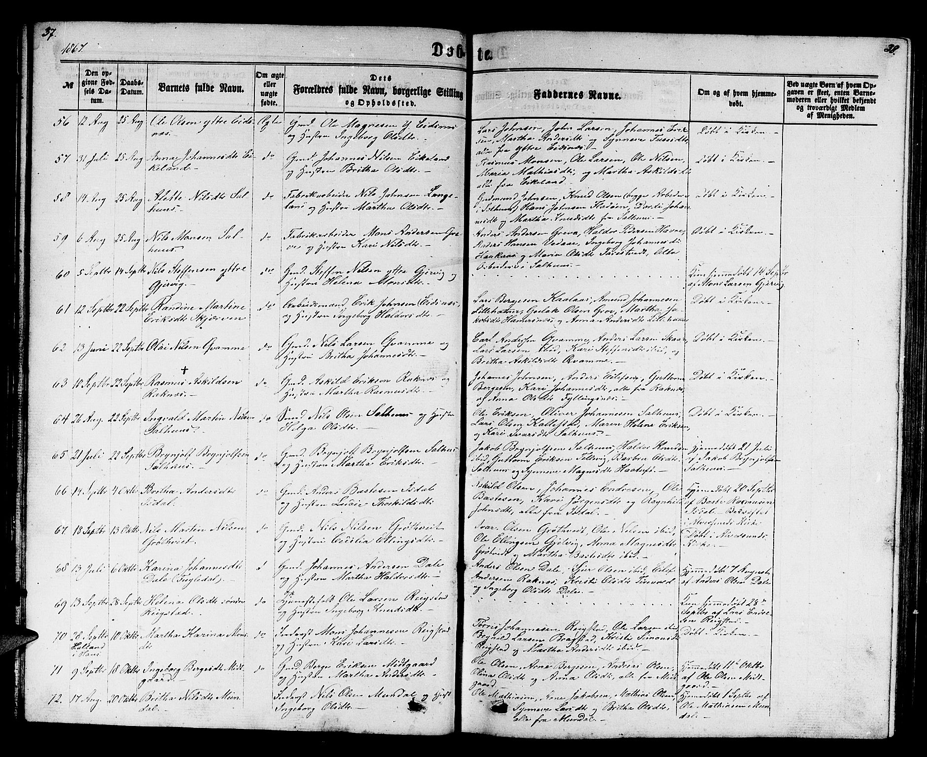 Hamre sokneprestembete, SAB/A-75501/H/Ha/Hab: Parish register (copy) no. B 2, 1863-1880, p. 37-38