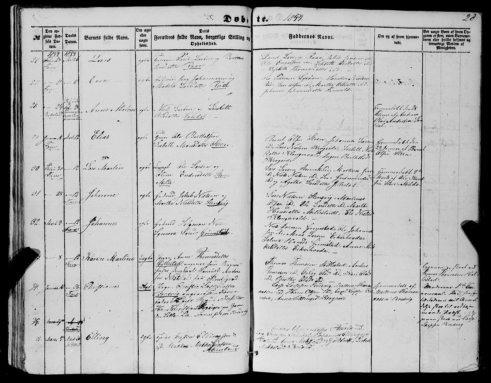 Fana Sokneprestembete, AV/SAB-A-75101/H/Haa/Haaa/L0011: Parish register (official) no. A 11, 1851-1862, p. 28