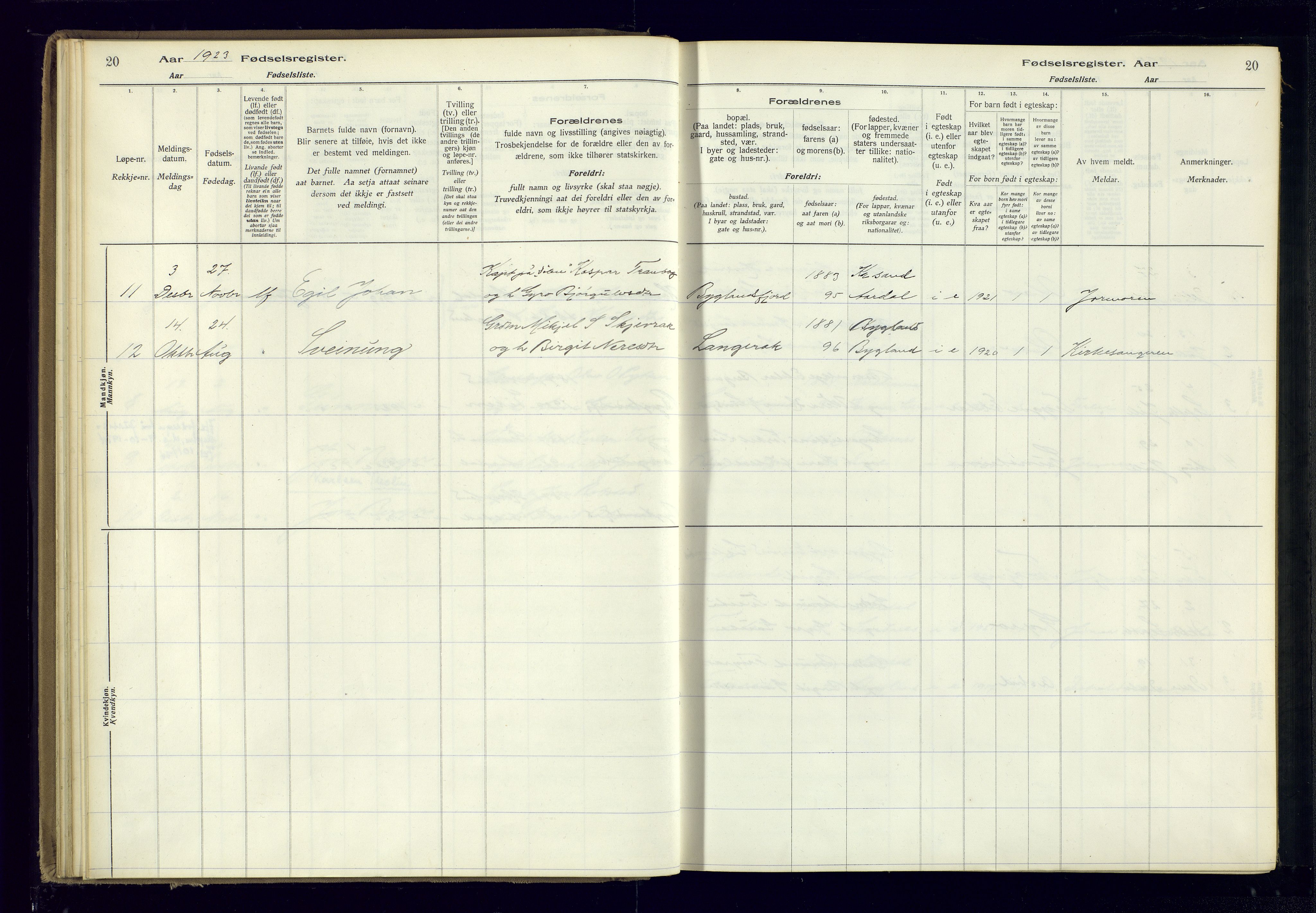 Bygland sokneprestkontor, SAK/1111-0006/J/Ja/L0004: Birth register no. II.4.5, 1916-1983, p. 20