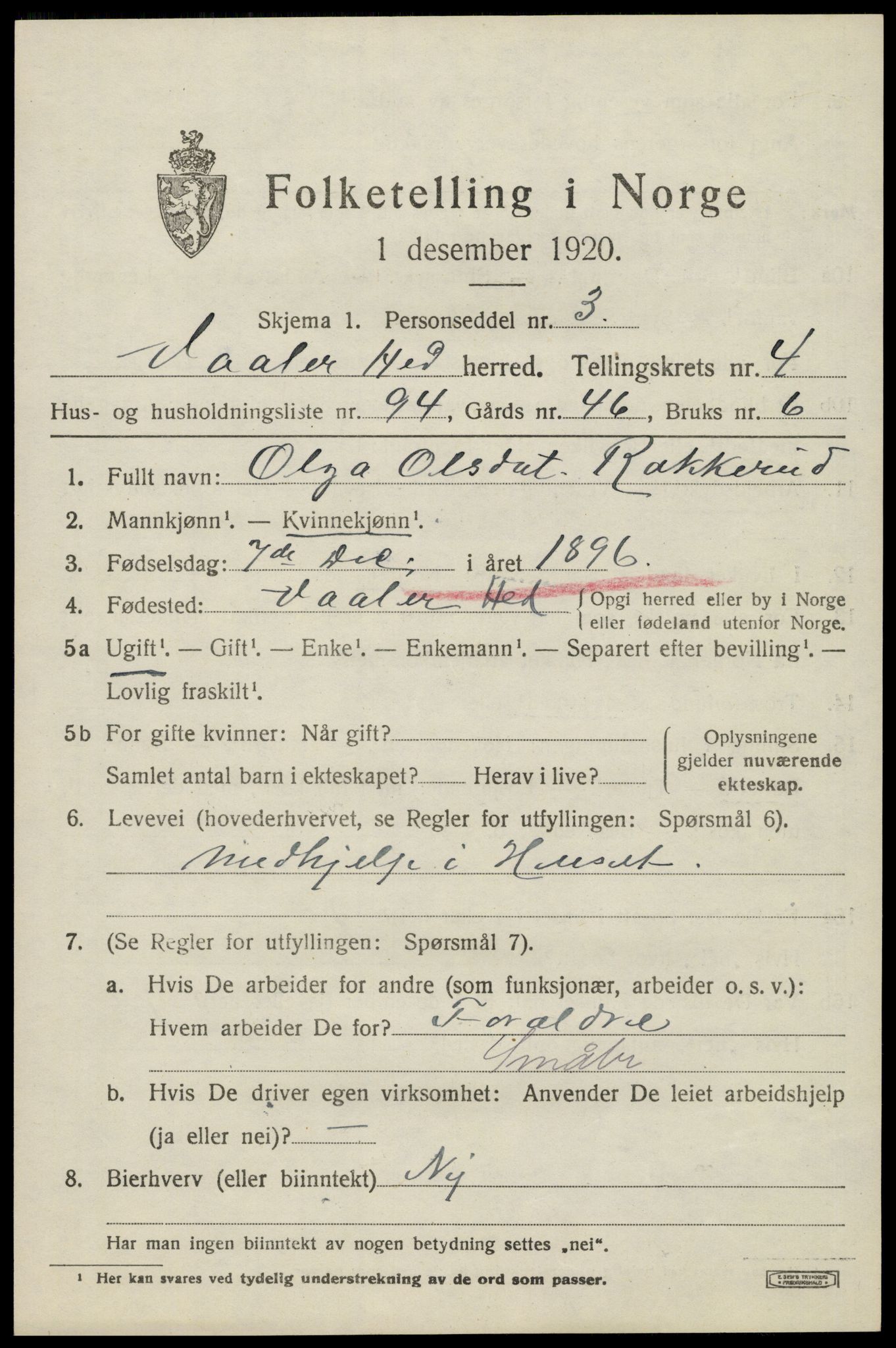 SAH, 1920 census for Våler (Hedmark), 1920, p. 5501