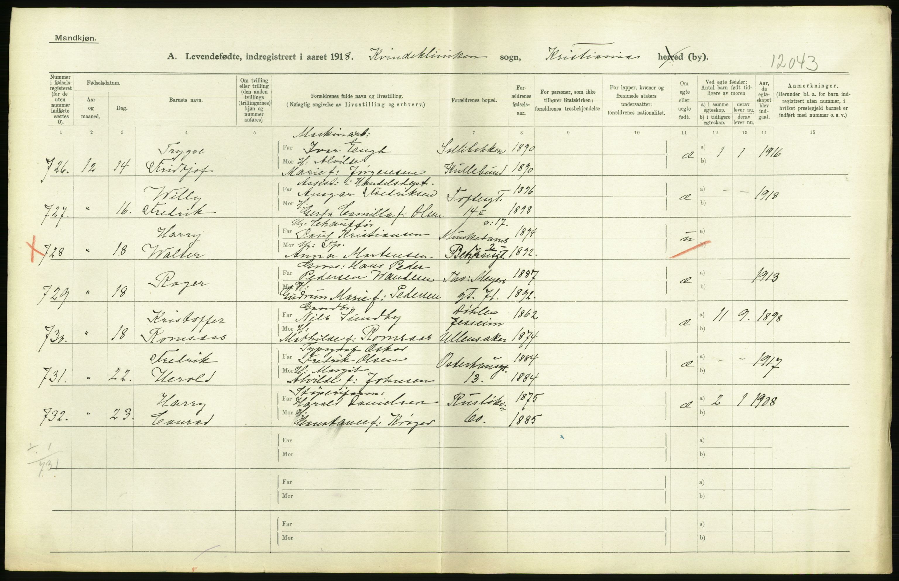 Statistisk sentralbyrå, Sosiodemografiske emner, Befolkning, RA/S-2228/D/Df/Dfb/Dfbh/L0008: Kristiania: Levendefødte menn og kvinner., 1918, p. 546