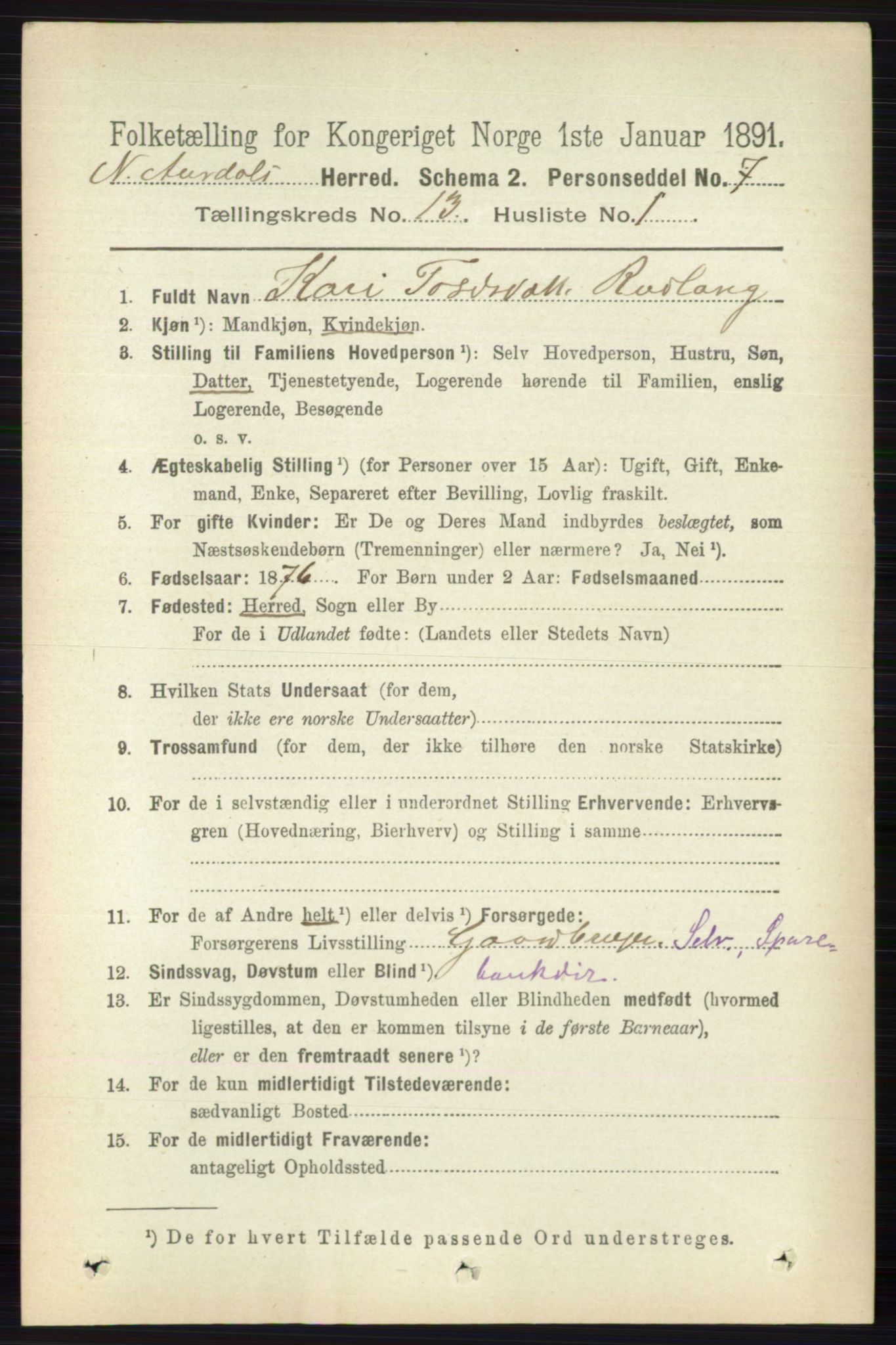 RA, 1891 census for 0542 Nord-Aurdal, 1891, p. 4767