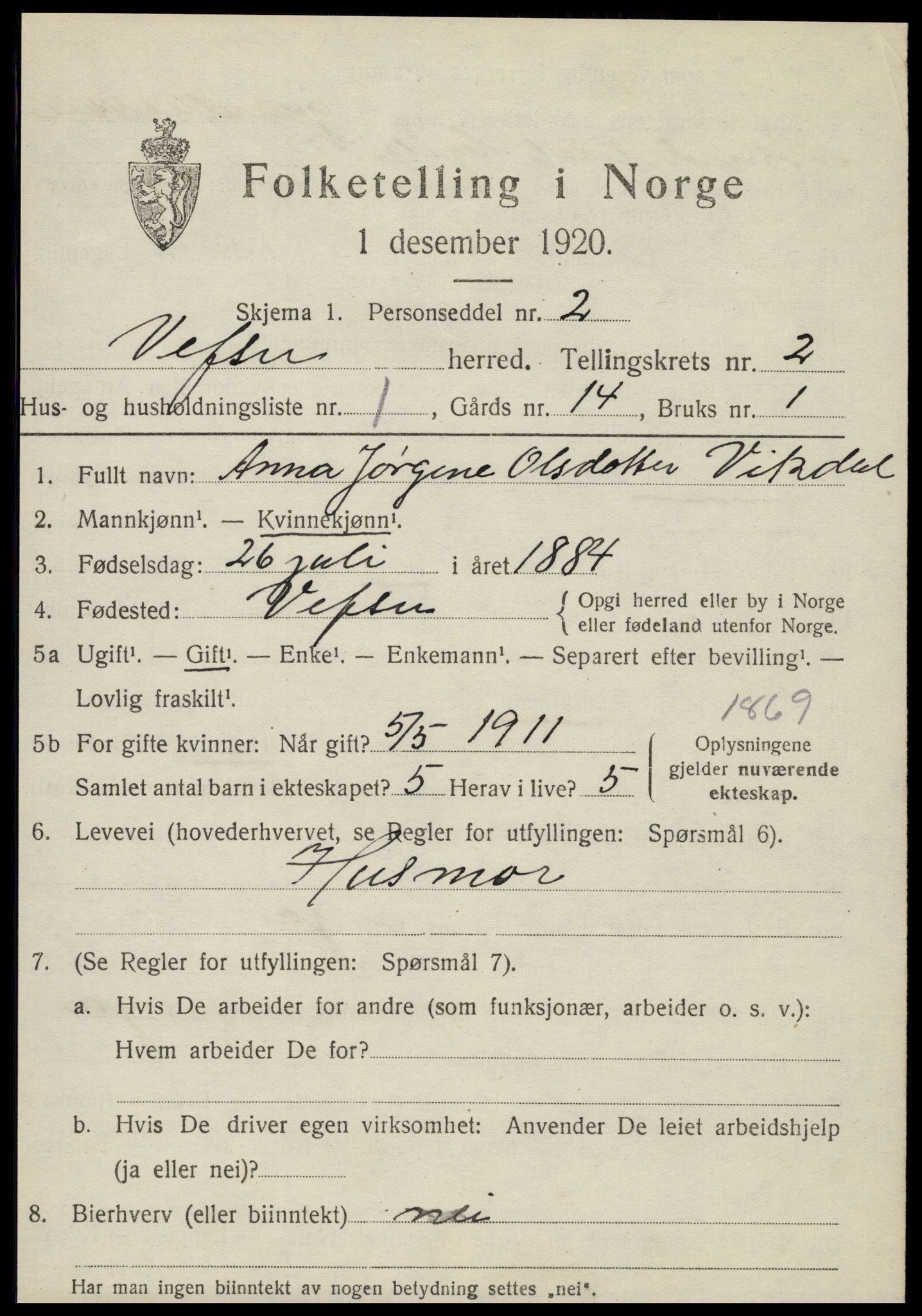 SAT, 1920 census for Vefsn, 1920, p. 1841