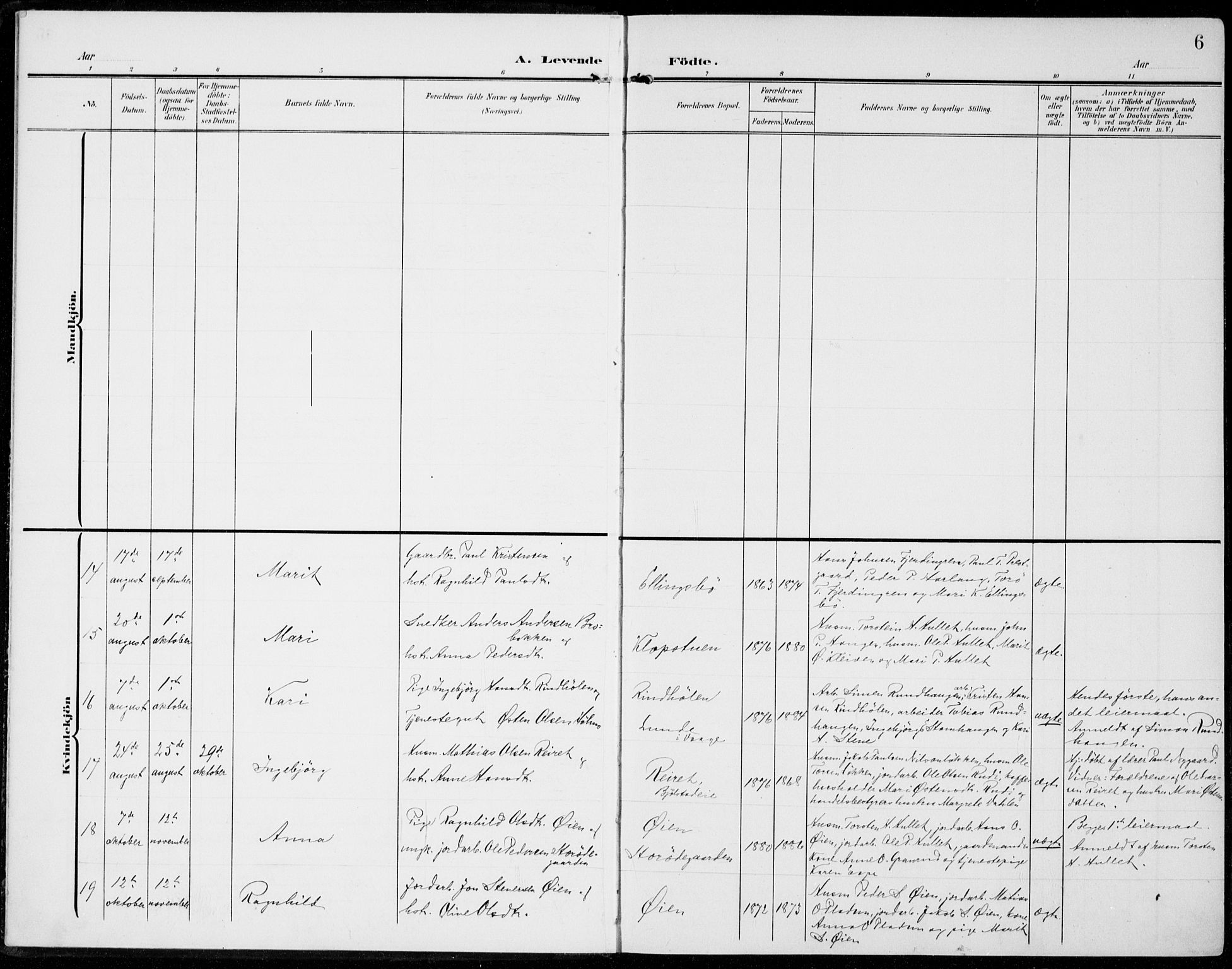 Sel prestekontor, SAH/PREST-074/H/Ha/Haa/L0001: Parish register (official) no. 1, 1905-1922, p. 6