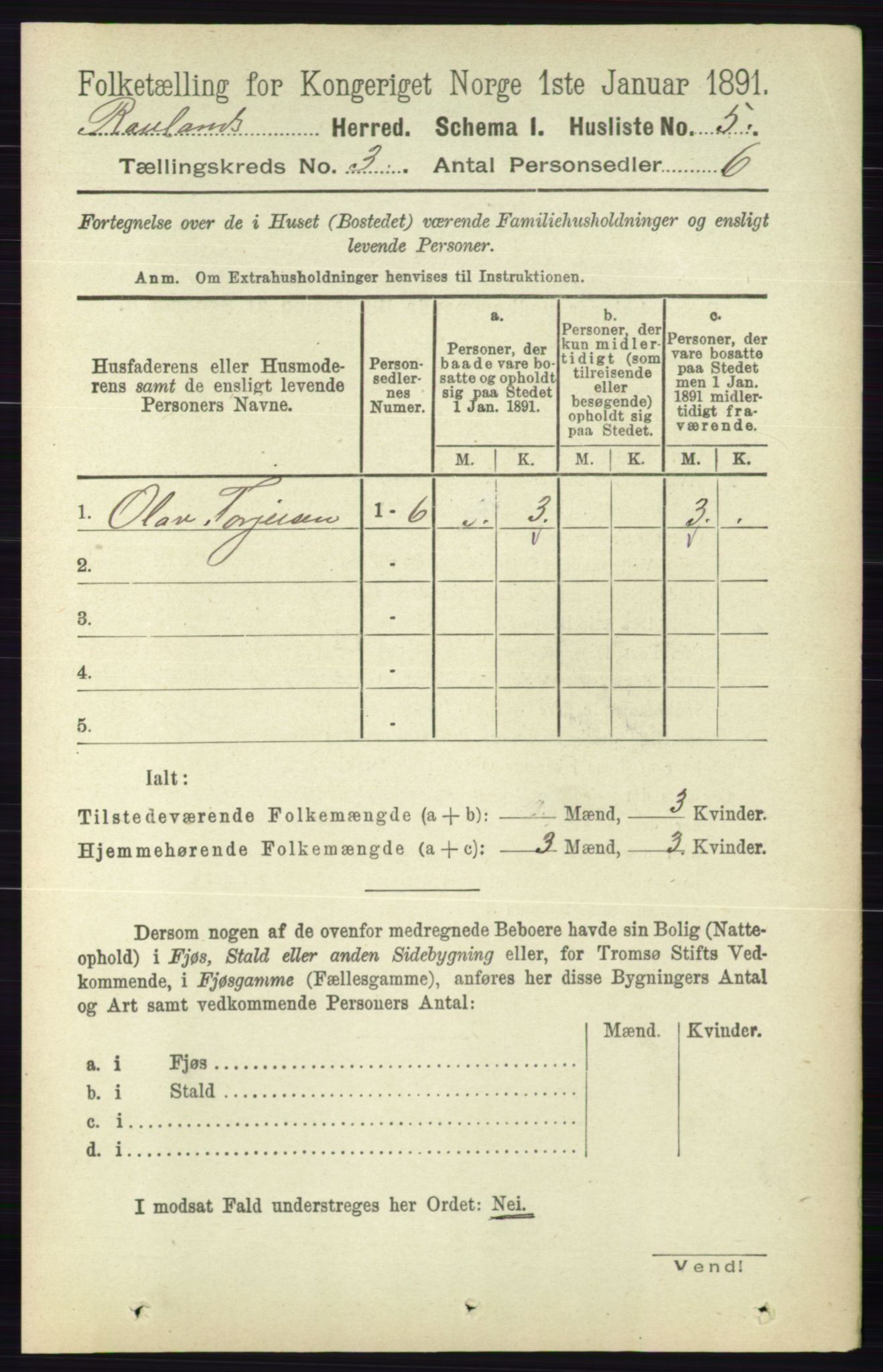 RA, 1891 census for 0835 Rauland, 1891, p. 741