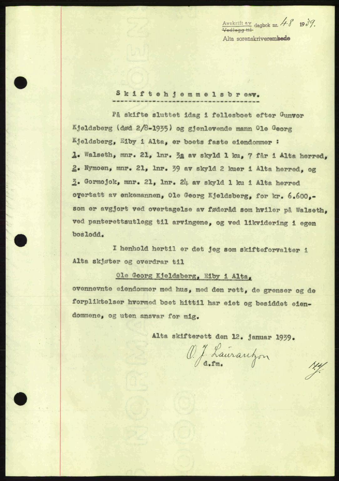 Alta fogderi/sorenskriveri, SATØ/SATØ-5/1/K/Kd/L0031pantebok: Mortgage book no. 31, 1938-1939, Diary no: : 48/1939
