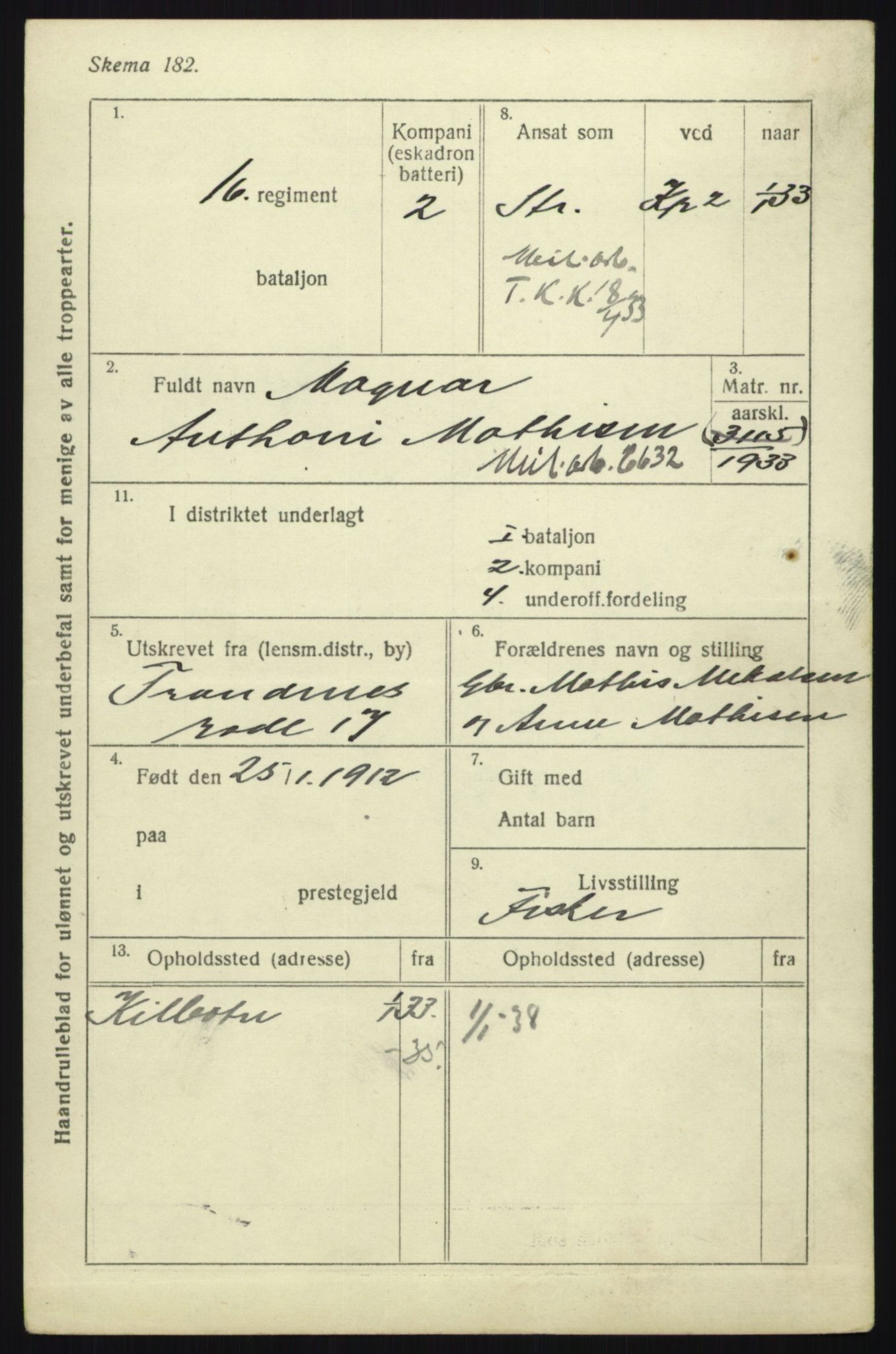 Forsvaret, Troms infanteriregiment nr. 16, AV/RA-RAFA-3146/P/Pa/L0017: Rulleblad for regimentets menige mannskaper, årsklasse 1933, 1933, p. 797