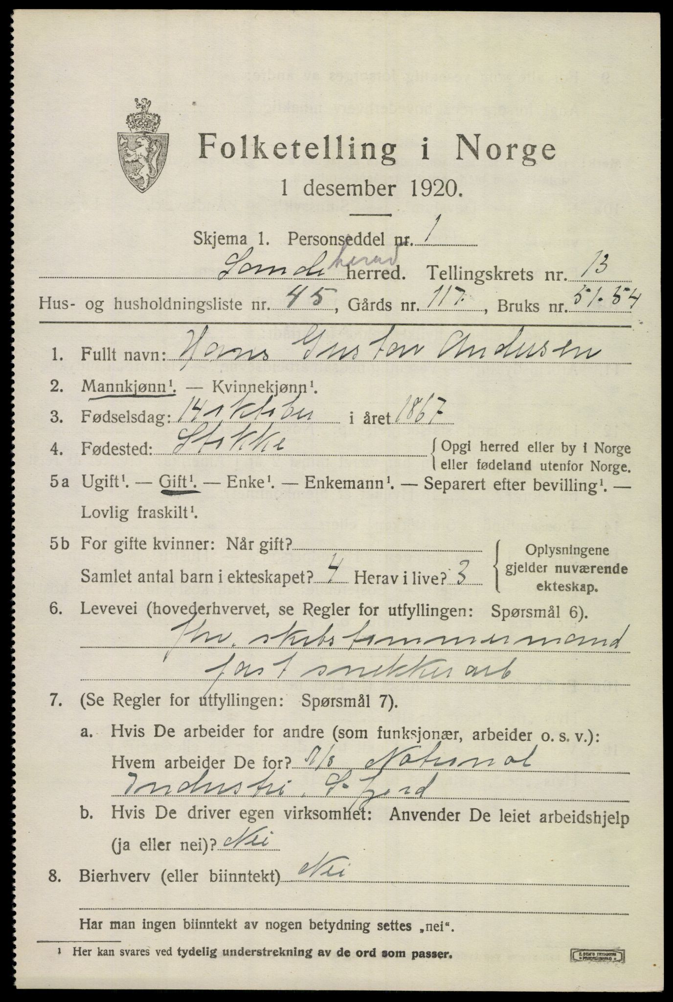 SAKO, 1920 census for Sandeherred, 1920, p. 19840