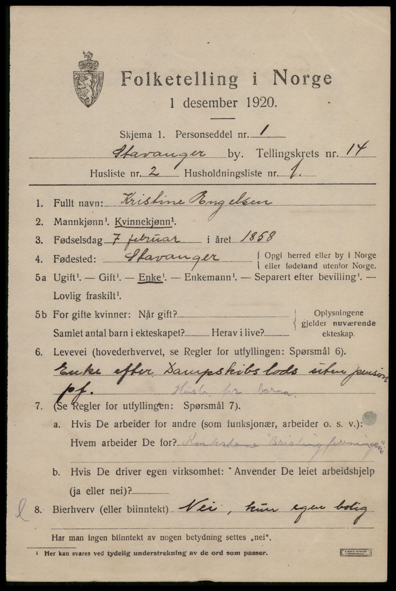 SAST, 1920 census for Stavanger, 1920, p. 59560