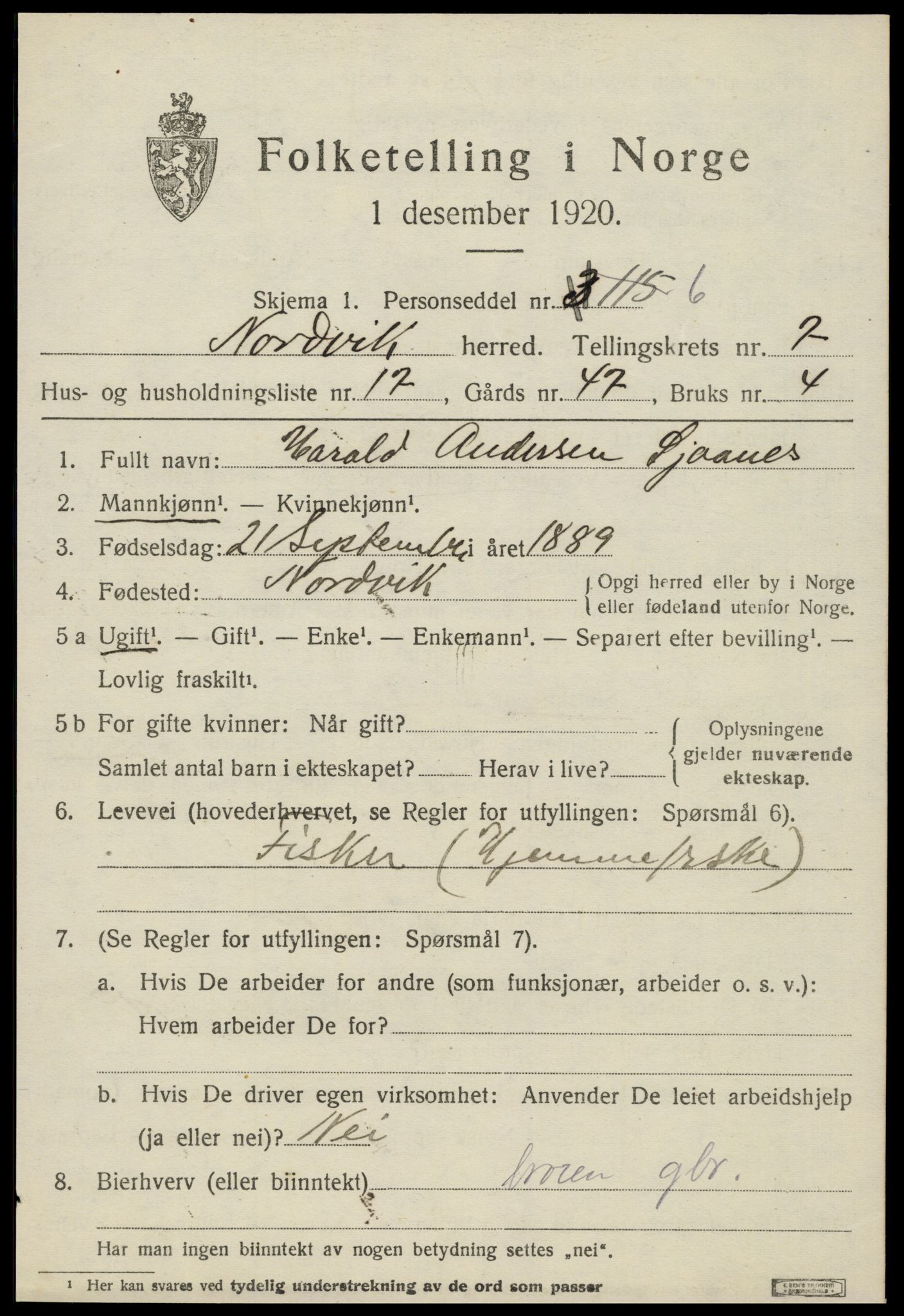 SAT, 1920 census for Nordvik, 1920, p. 2838