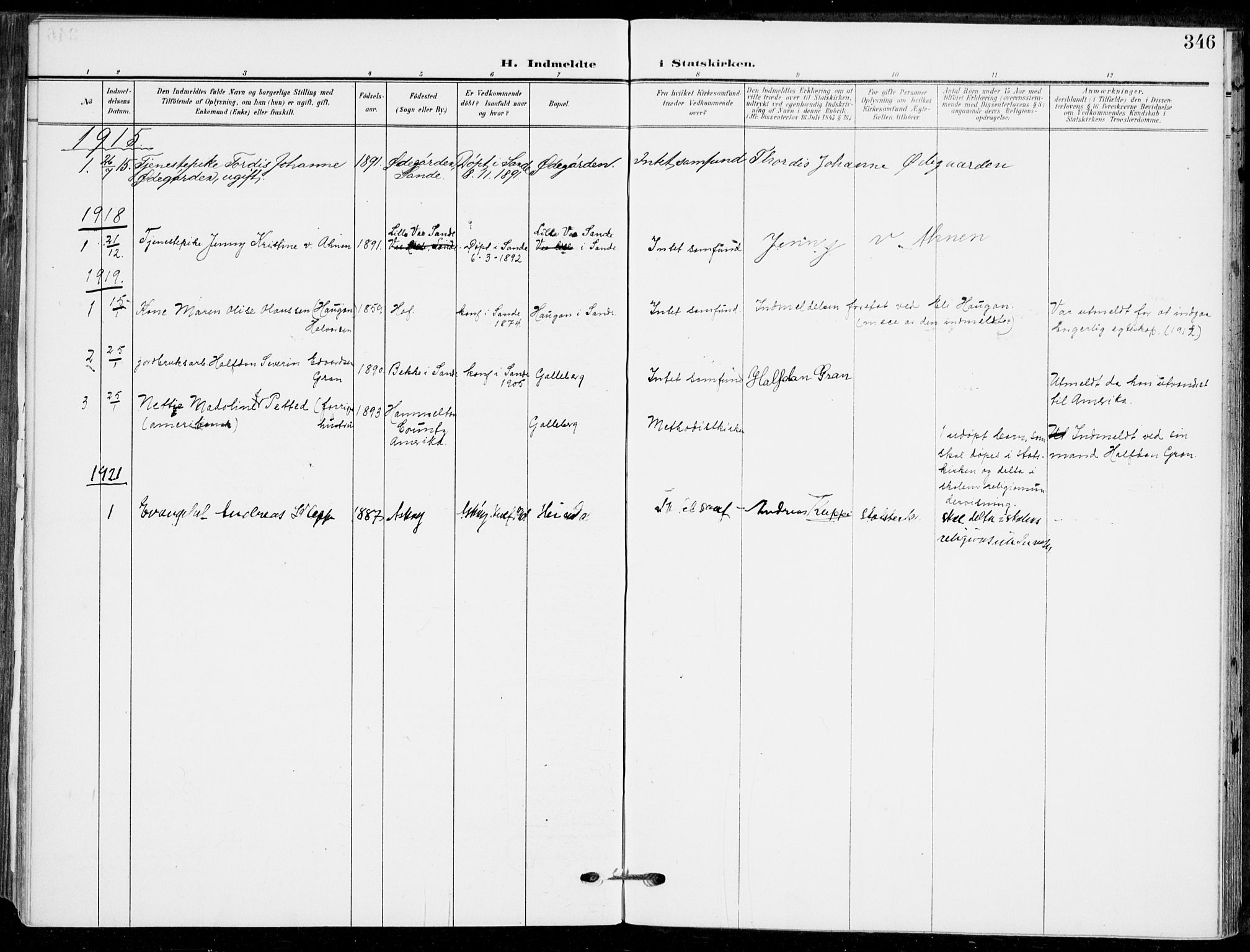 Sande Kirkebøker, AV/SAKO-A-53/F/Fa/L0008: Parish register (official) no. 8, 1904-1921, p. 346