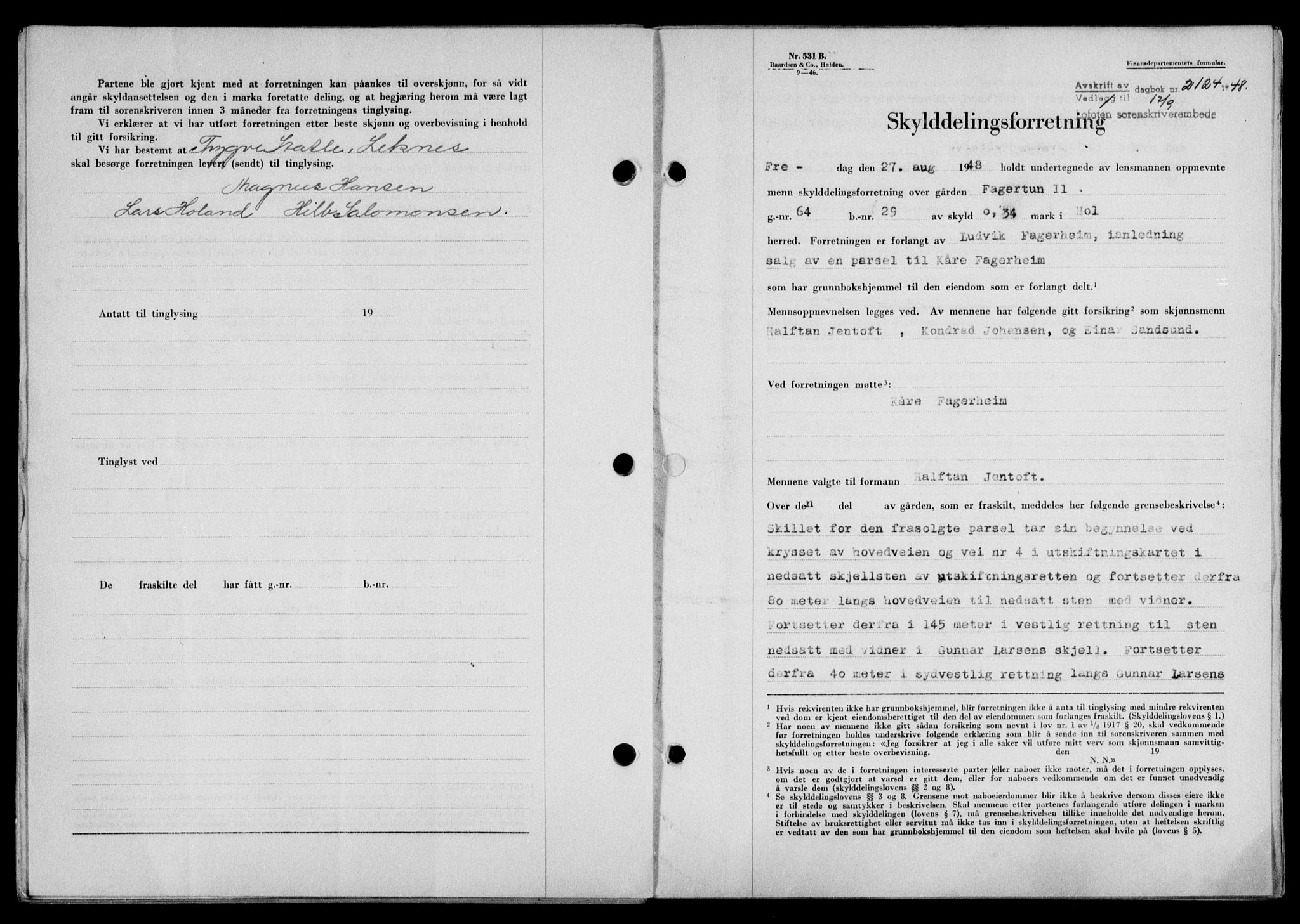 Lofoten sorenskriveri, SAT/A-0017/1/2/2C/L0019a: Mortgage book no. 19a, 1948-1948, Diary no: : 2124/1948
