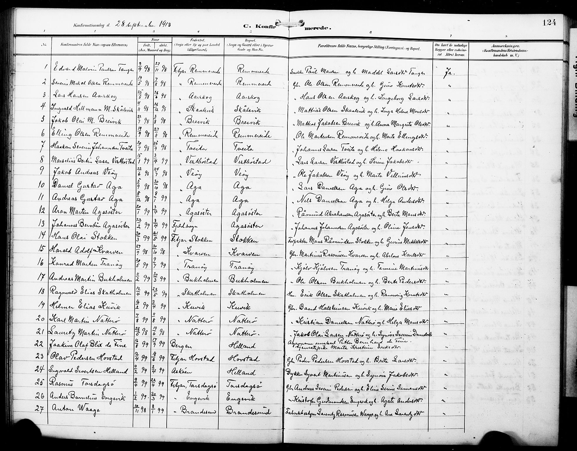 Fitjar sokneprestembete, SAB/A-99926: Parish register (copy) no. B 1, 1906-1928, p. 124