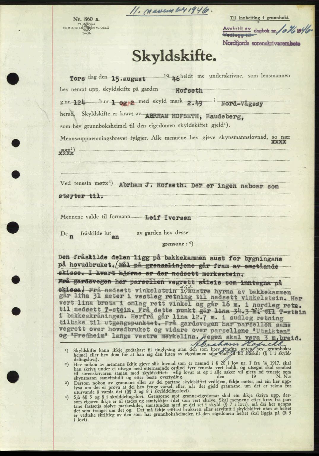 Nordfjord sorenskriveri, AV/SAB-A-2801/02/02b/02bj/L0011: Mortgage book no. A11, 1946-1947, Diary no: : 1076/1946