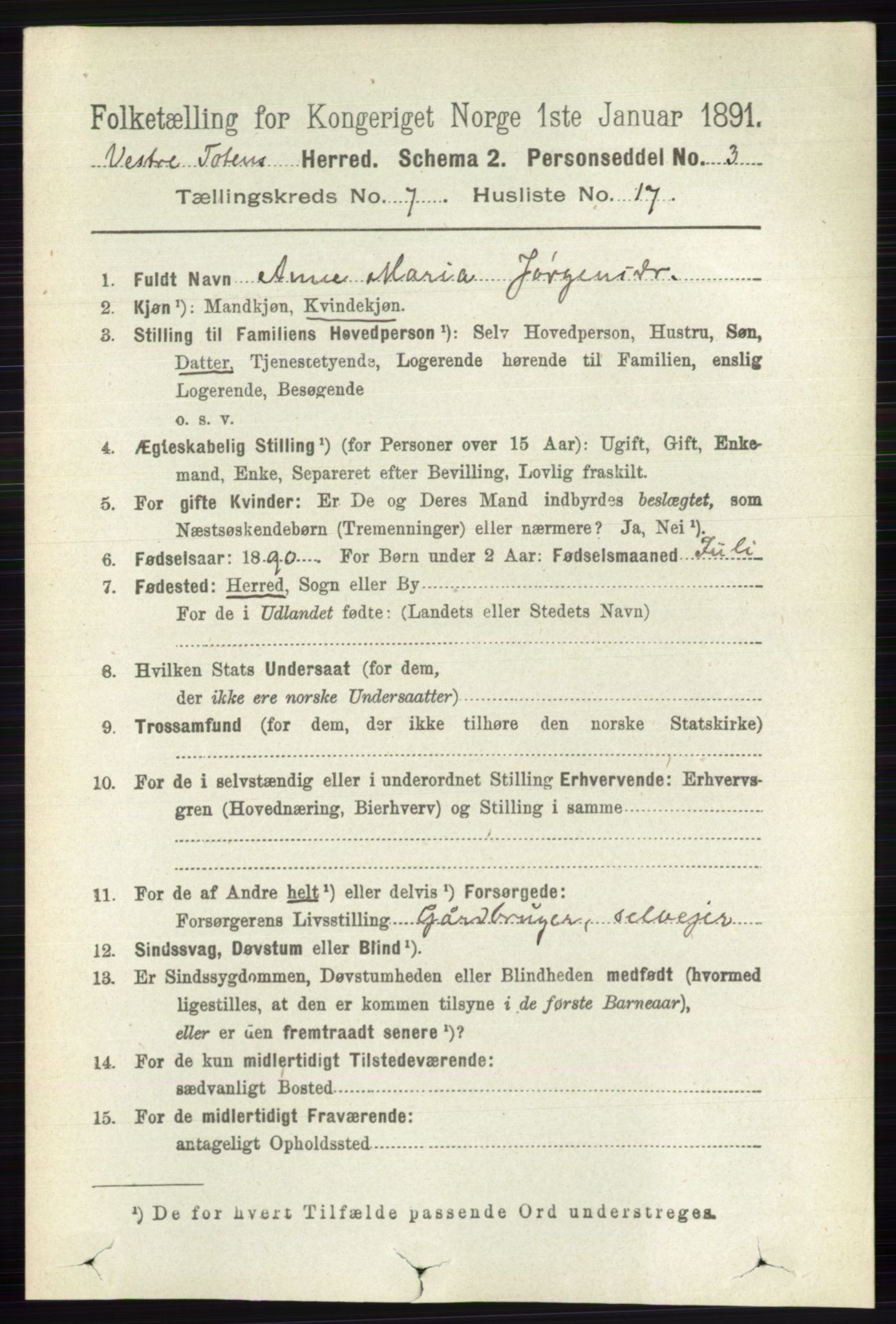 RA, 1891 census for 0529 Vestre Toten, 1891, p. 4478