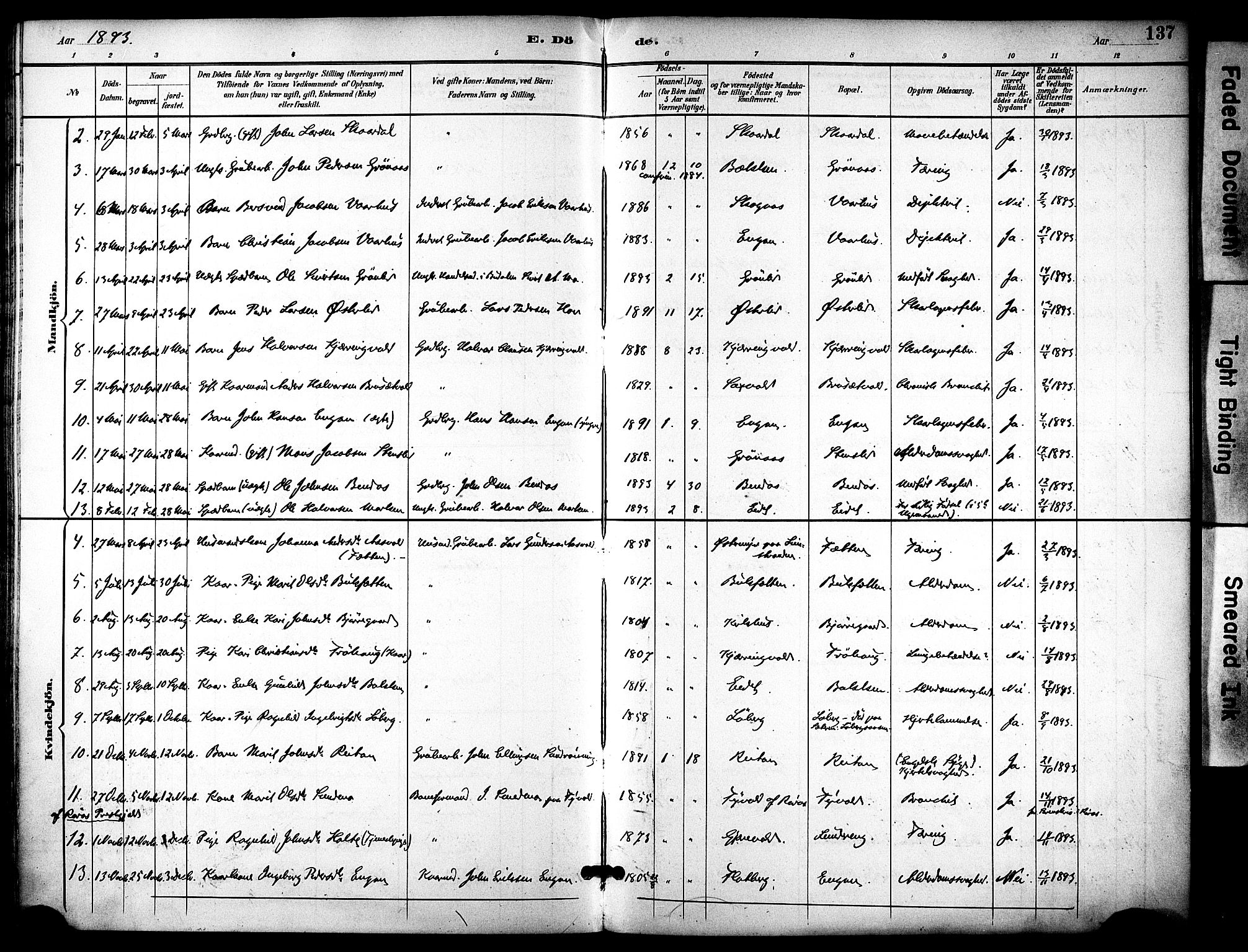 Ministerialprotokoller, klokkerbøker og fødselsregistre - Sør-Trøndelag, AV/SAT-A-1456/686/L0984: Parish register (official) no. 686A02, 1891-1906, p. 137