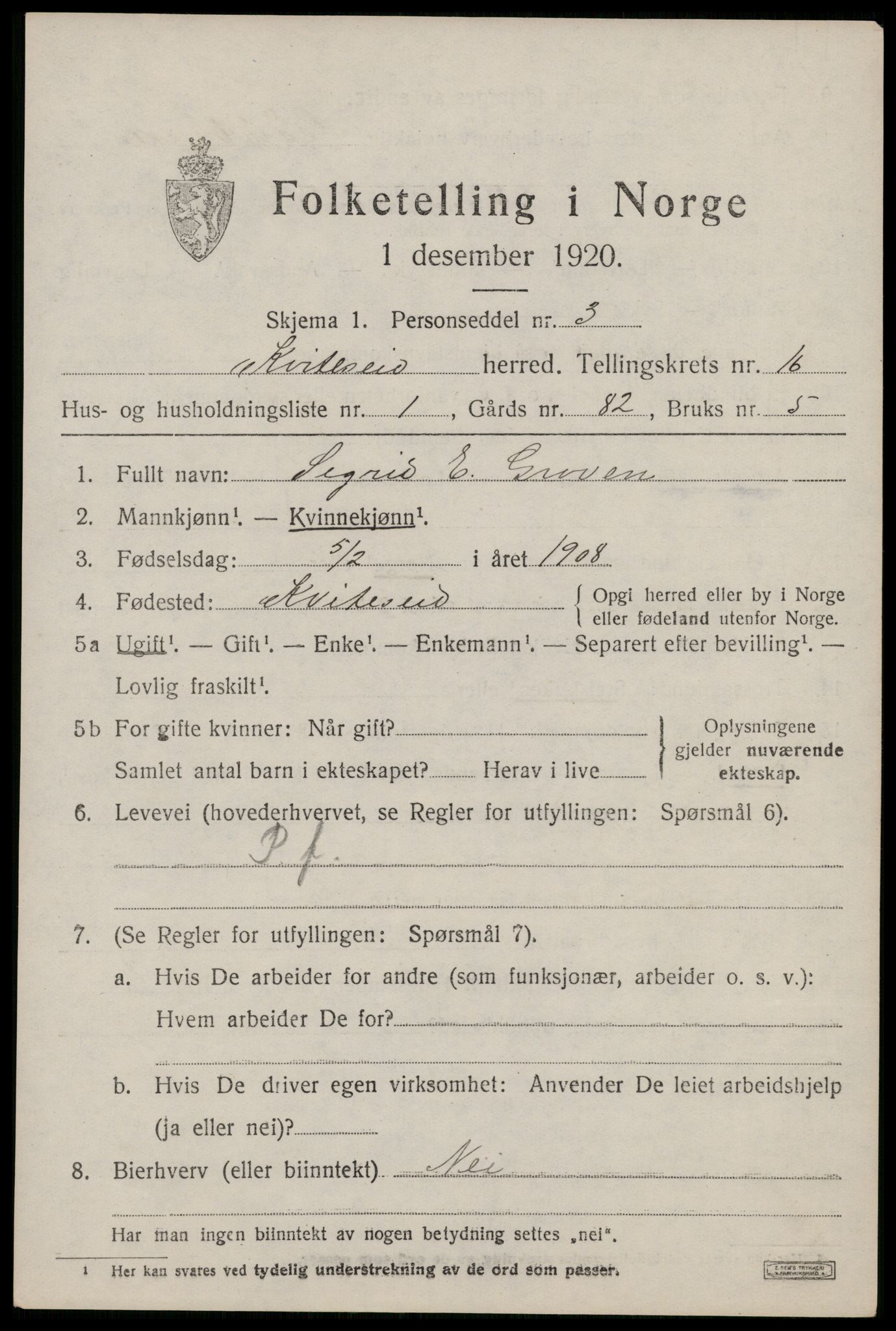 SAKO, 1920 census for Kviteseid, 1920, p. 7345