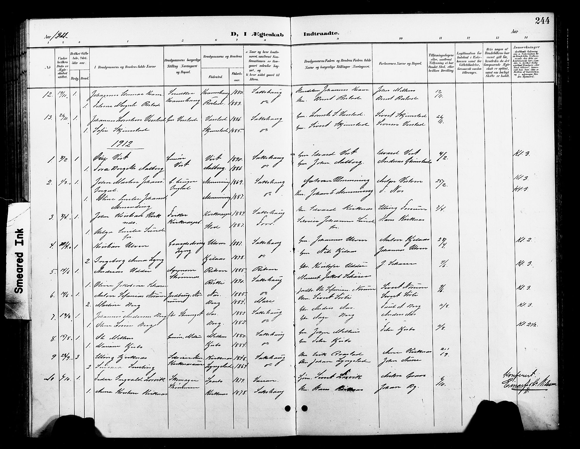 Ministerialprotokoller, klokkerbøker og fødselsregistre - Nord-Trøndelag, AV/SAT-A-1458/730/L0302: Parish register (copy) no. 730C05, 1898-1924, p. 244