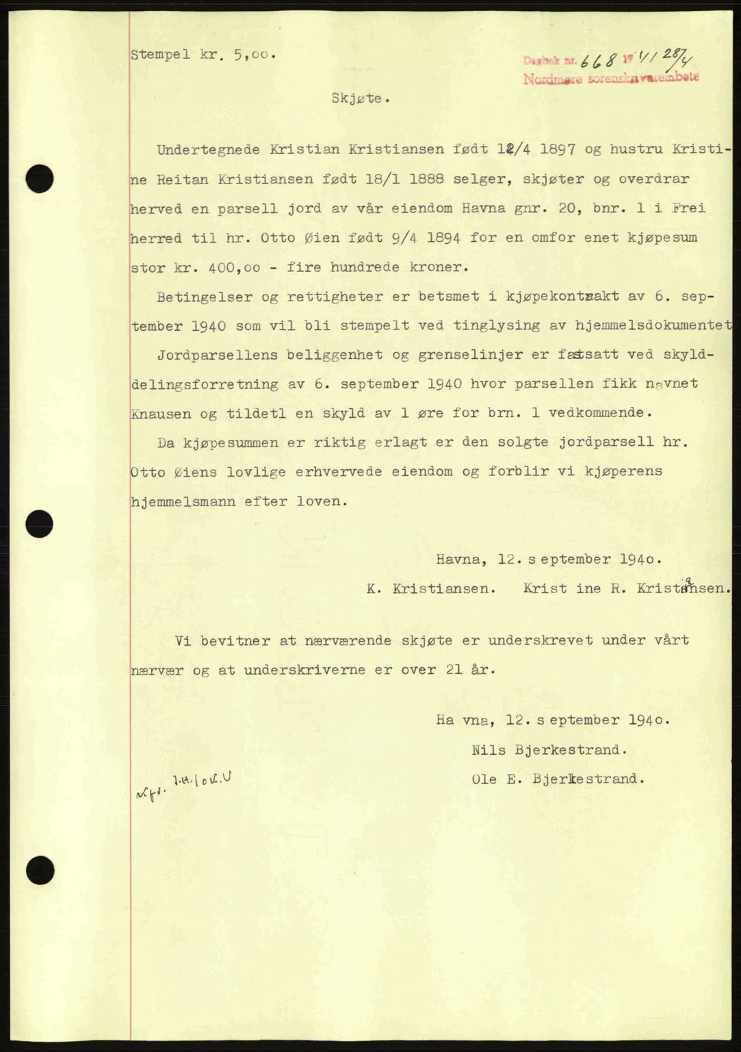 Nordmøre sorenskriveri, SAT/A-4132/1/2/2Ca: Mortgage book no. A89, 1940-1941, Diary no: : 668/1941