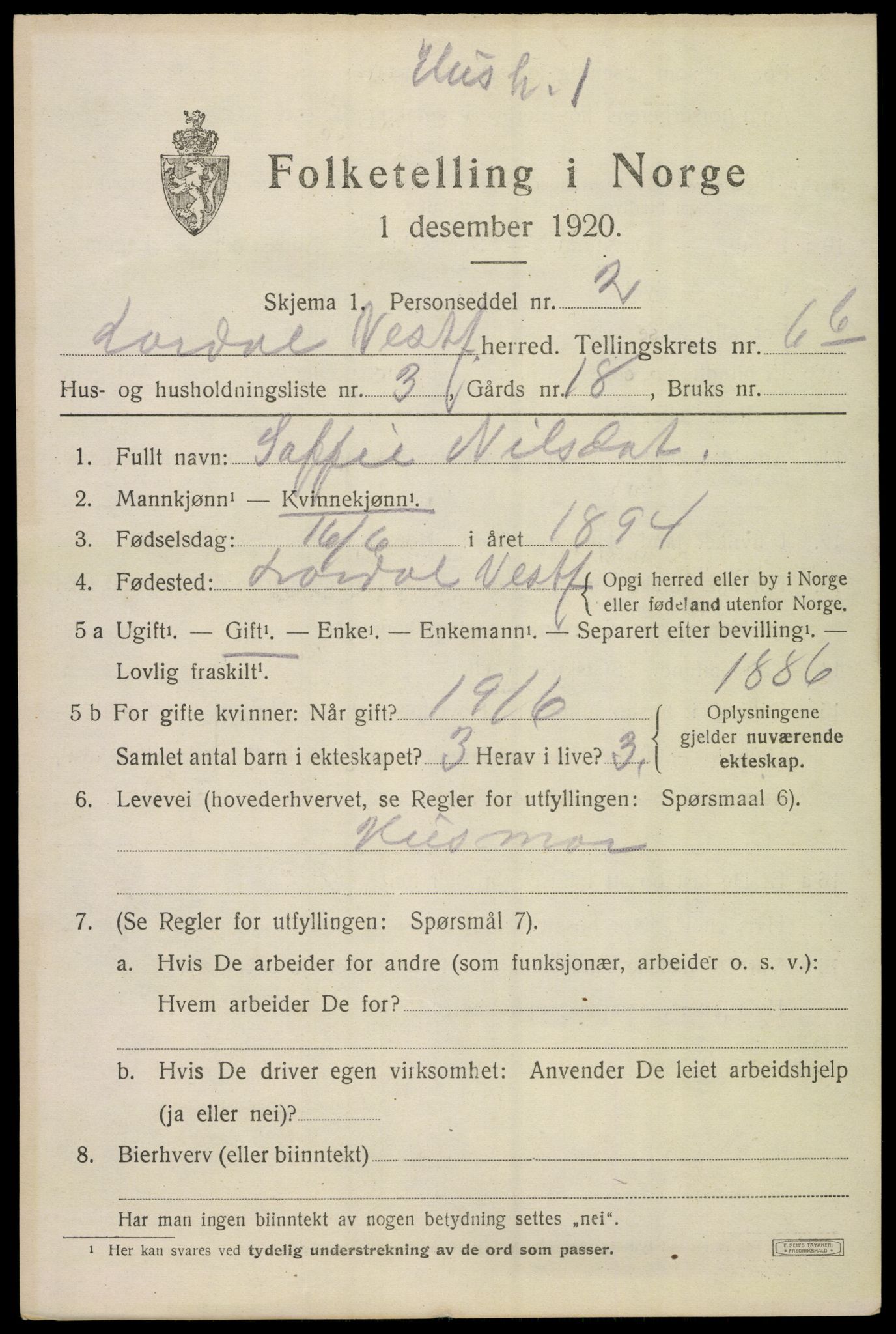 SAKO, 1920 census for Lardal, 1920, p. 5841