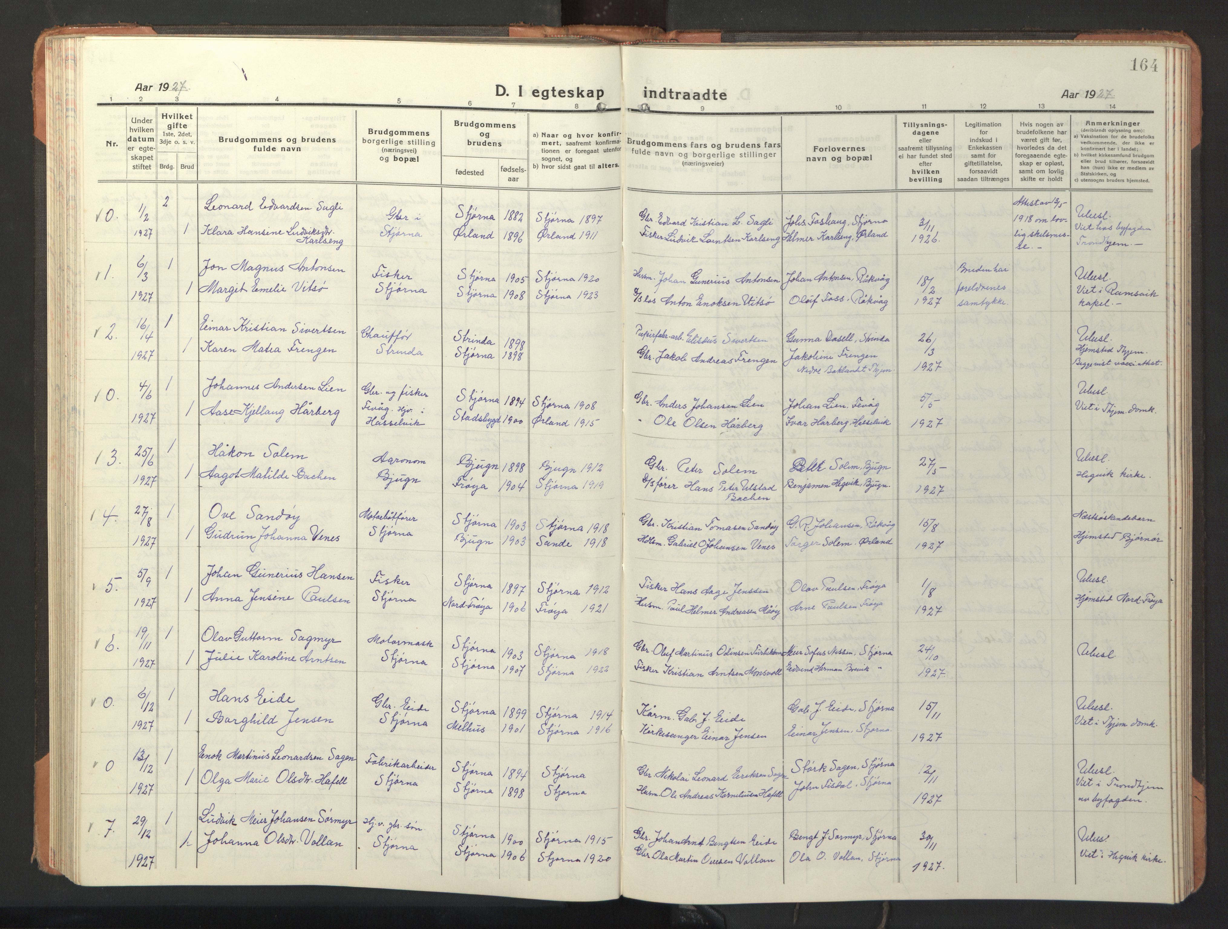 Ministerialprotokoller, klokkerbøker og fødselsregistre - Sør-Trøndelag, SAT/A-1456/653/L0658: Parish register (copy) no. 653C02, 1919-1947, p. 164
