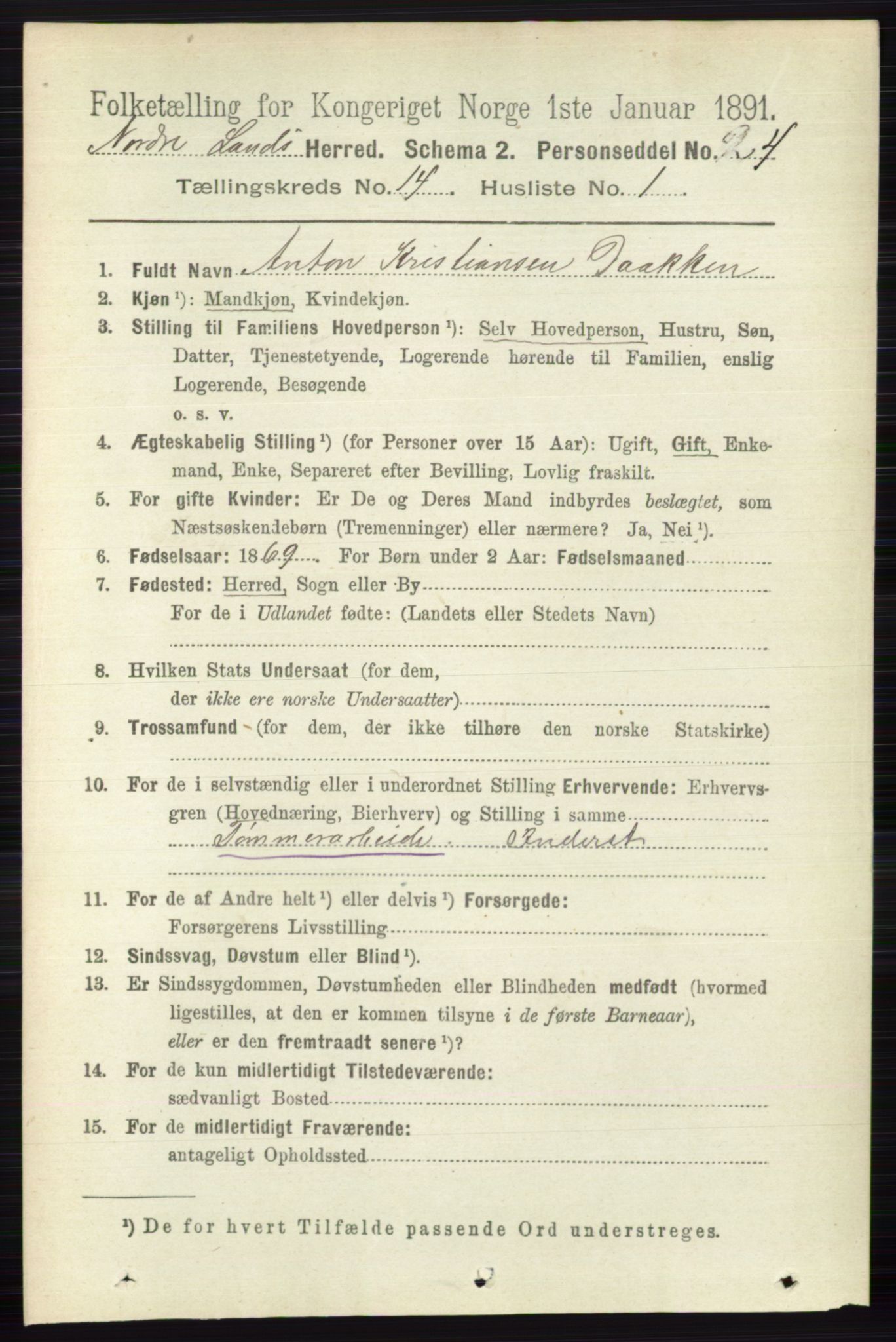 RA, 1891 census for 0538 Nordre Land, 1891, p. 3631