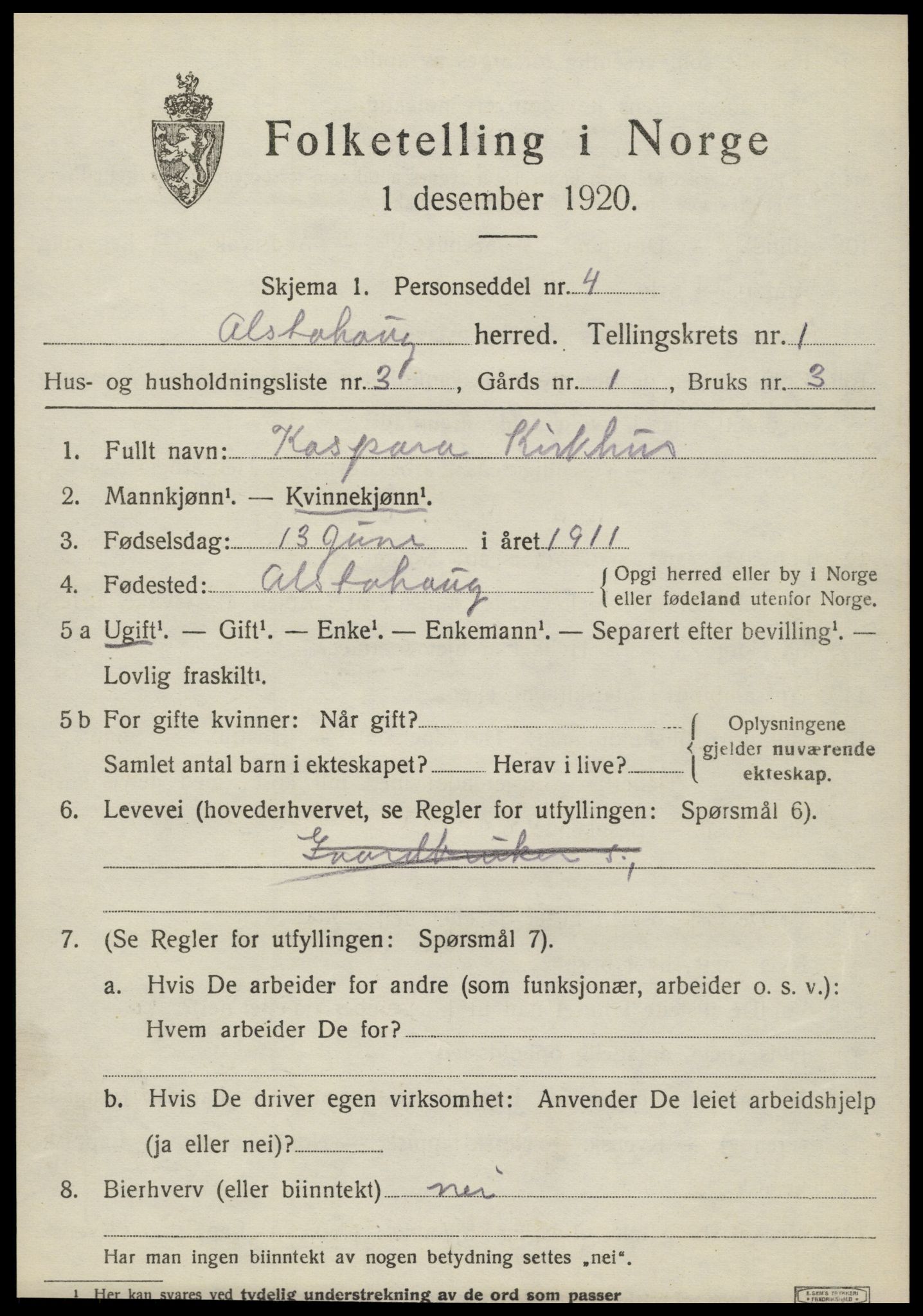 SAT, 1920 census for Alstahaug, 1920, p. 603