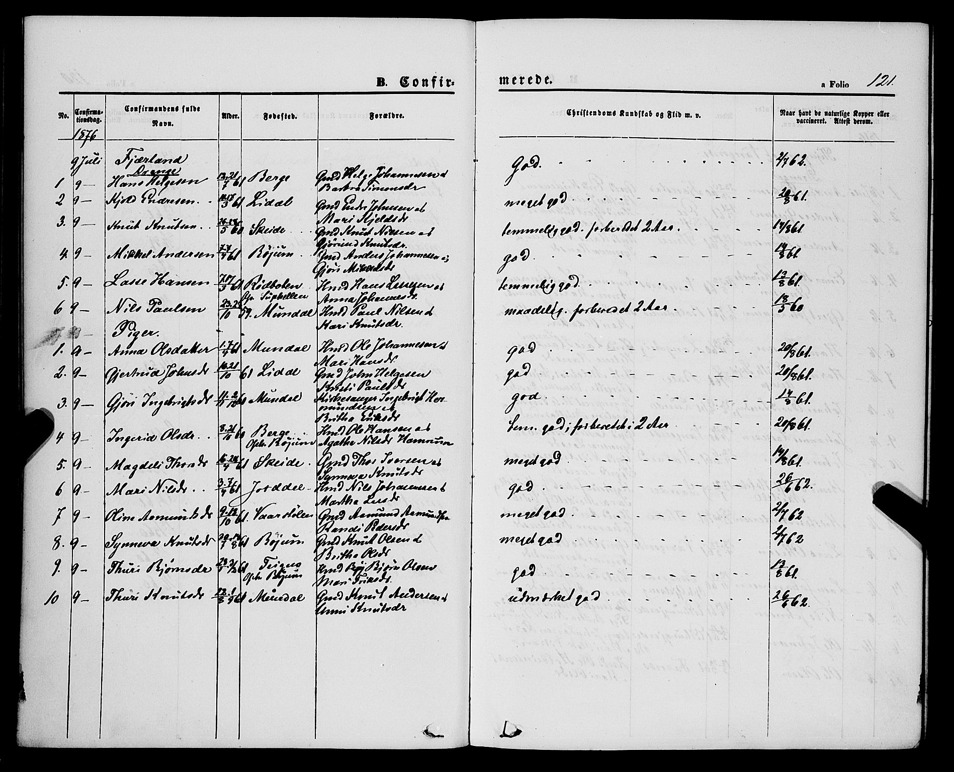 Balestrand sokneprestembete, AV/SAB-A-79601/H/Haa/Haaa/L0003: Parish register (official) no. A 3, 1867-1878, p. 121