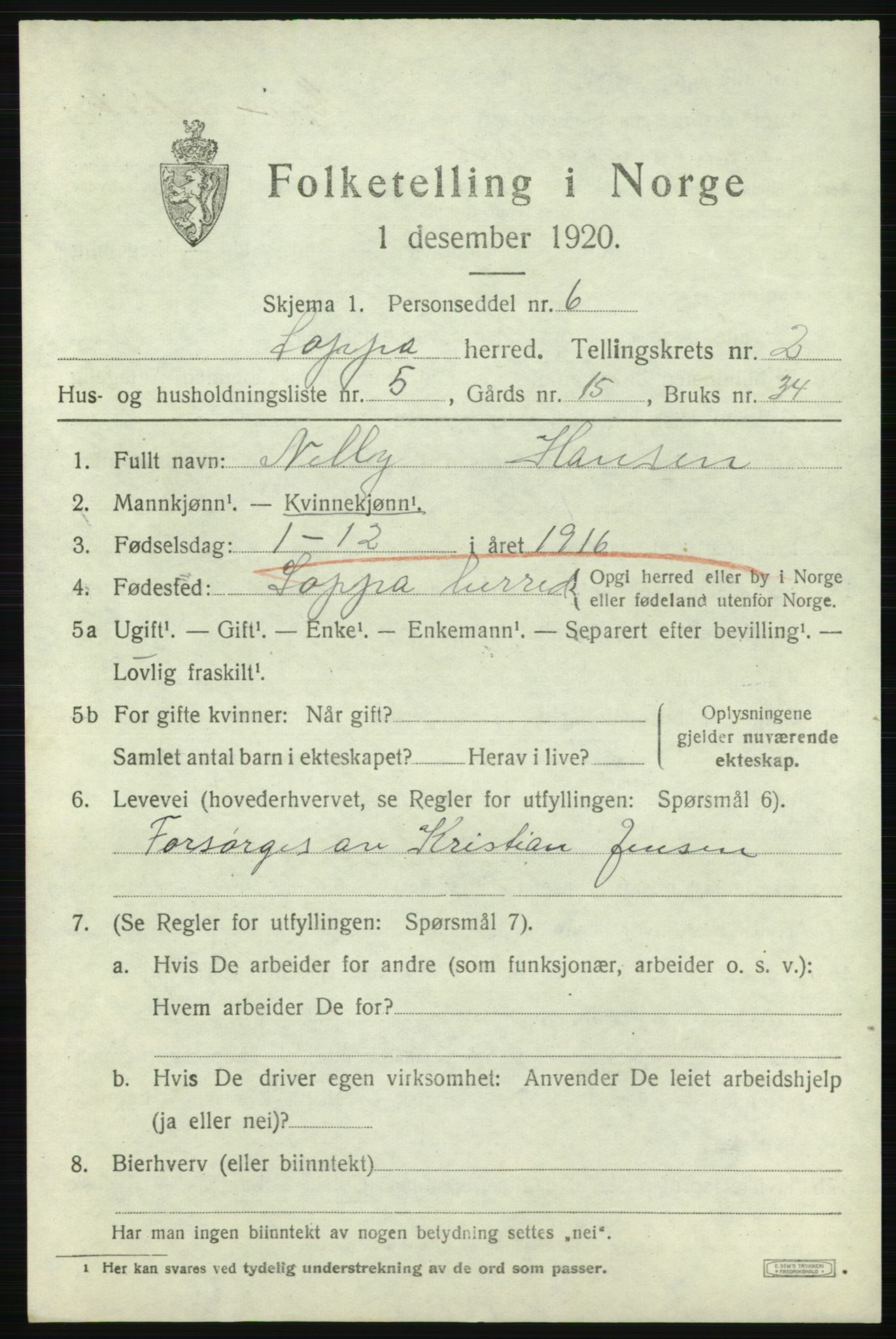 SATØ, 1920 census for Loppa, 1920, p. 866