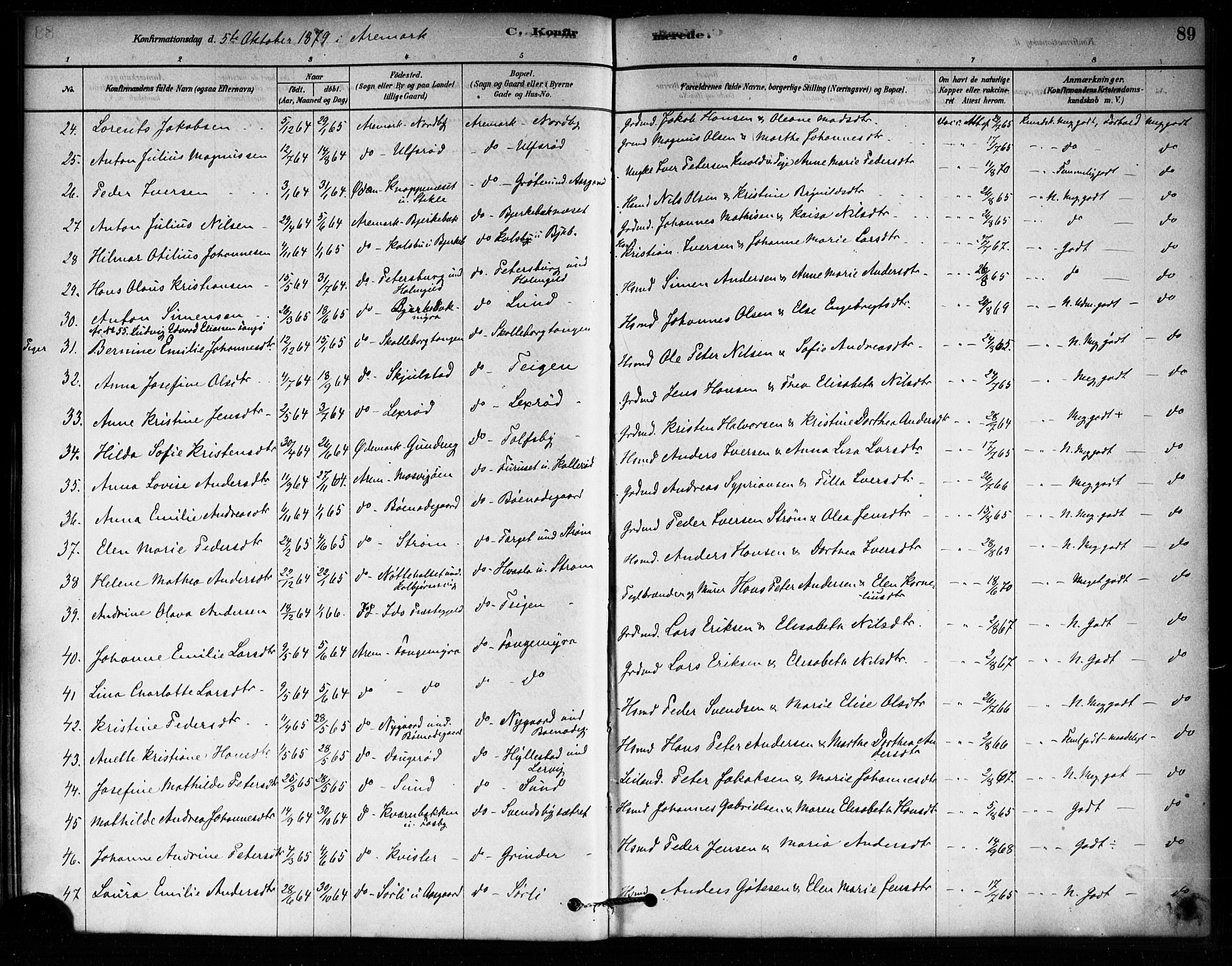 Aremark prestekontor Kirkebøker, AV/SAO-A-10899/F/Fa/L0005: Parish register (official) no. I 5, 1878-1897, p. 89