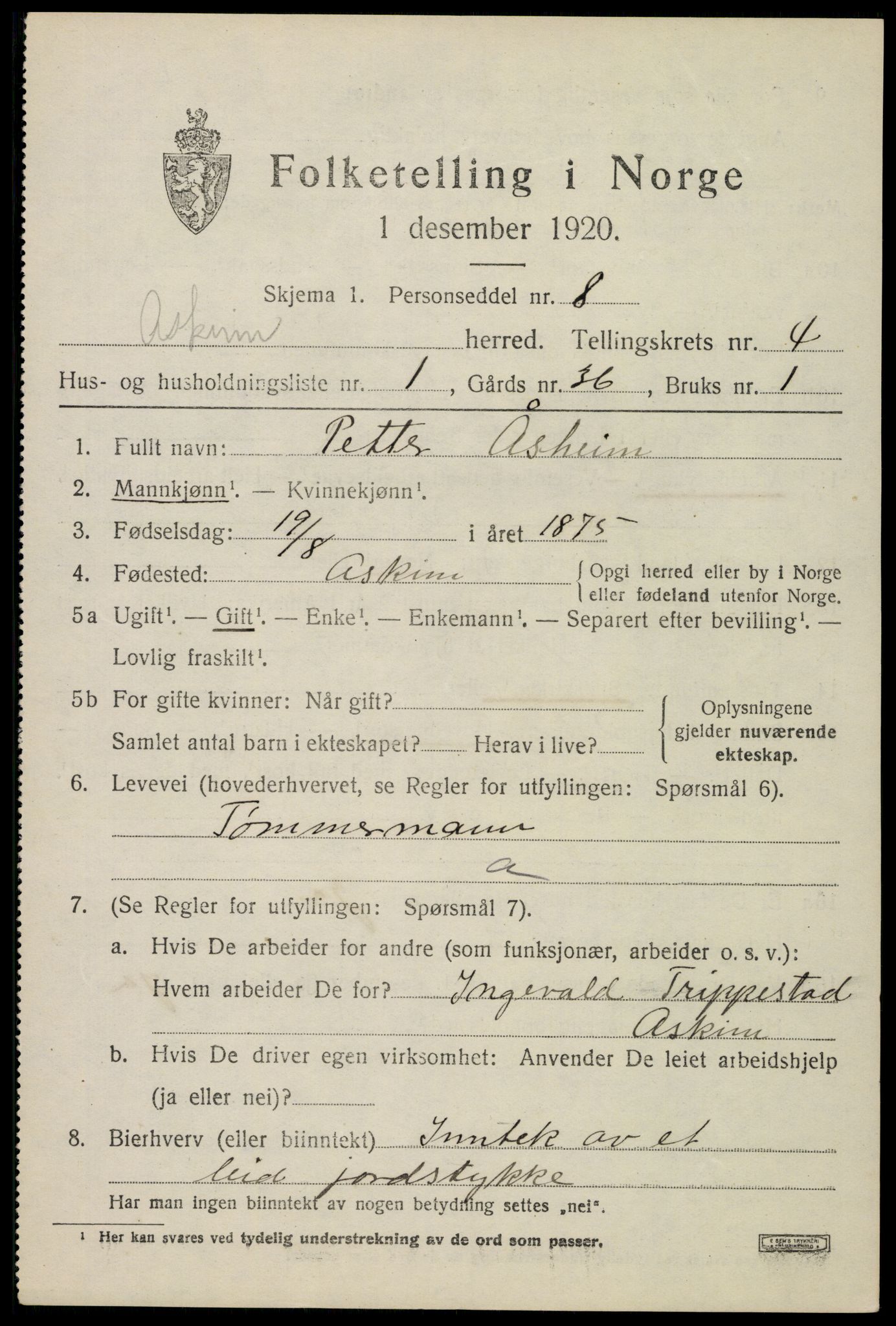 SAO, 1920 census for Askim, 1920, p. 7985