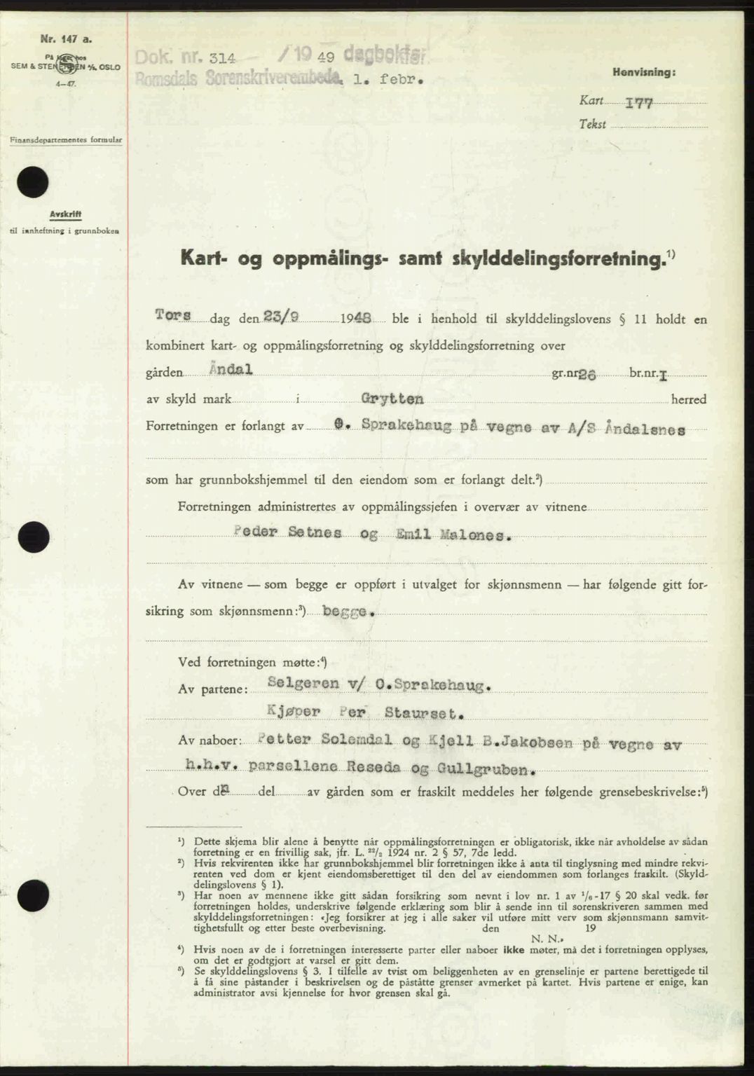 Romsdal sorenskriveri, AV/SAT-A-4149/1/2/2C: Mortgage book no. A28, 1948-1949, Diary no: : 314/1949