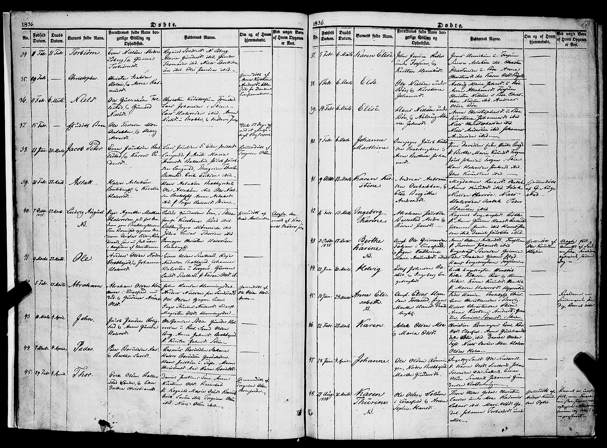 Gjerpen kirkebøker, AV/SAKO-A-265/F/Fa/L0007a: Parish register (official) no. I 7A, 1834-1857, p. 13