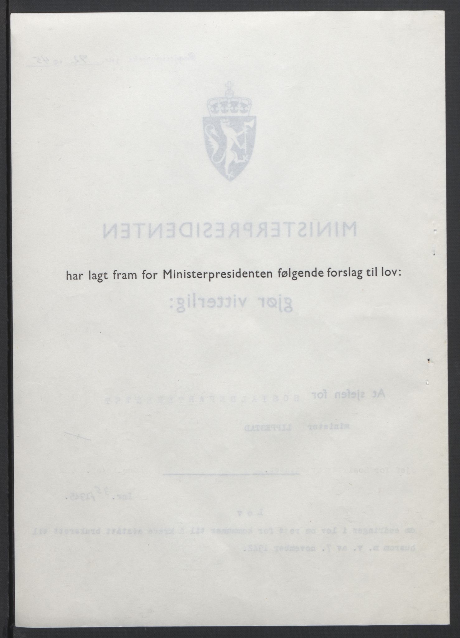 NS-administrasjonen 1940-1945 (Statsrådsekretariatet, de kommisariske statsråder mm), AV/RA-S-4279/D/Db/L0101/0001: -- / Lover og vedtak, 1945, p. 142