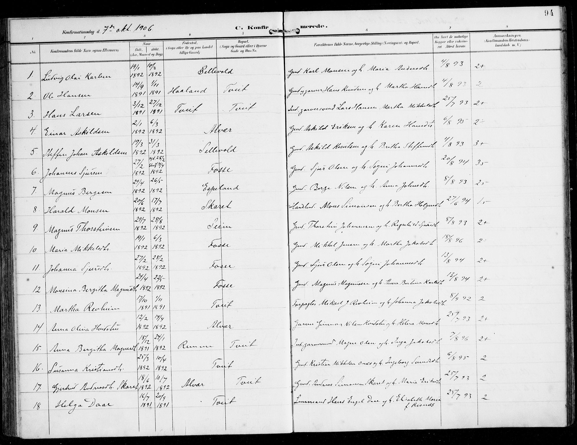 Alversund Sokneprestembete, AV/SAB-A-73901/H/Ha/Haa/Haaa/L0003: Parish register (official) no. A 3, 1897-1926, p. 94